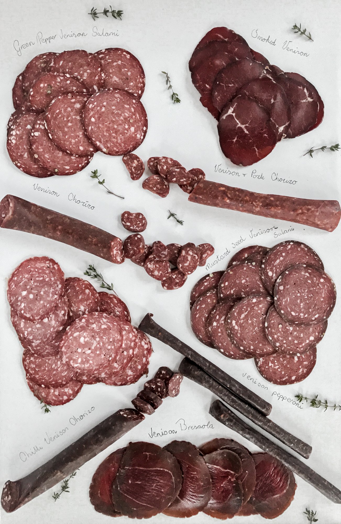 charcuterie flatlay description of different salamis and chorizos 