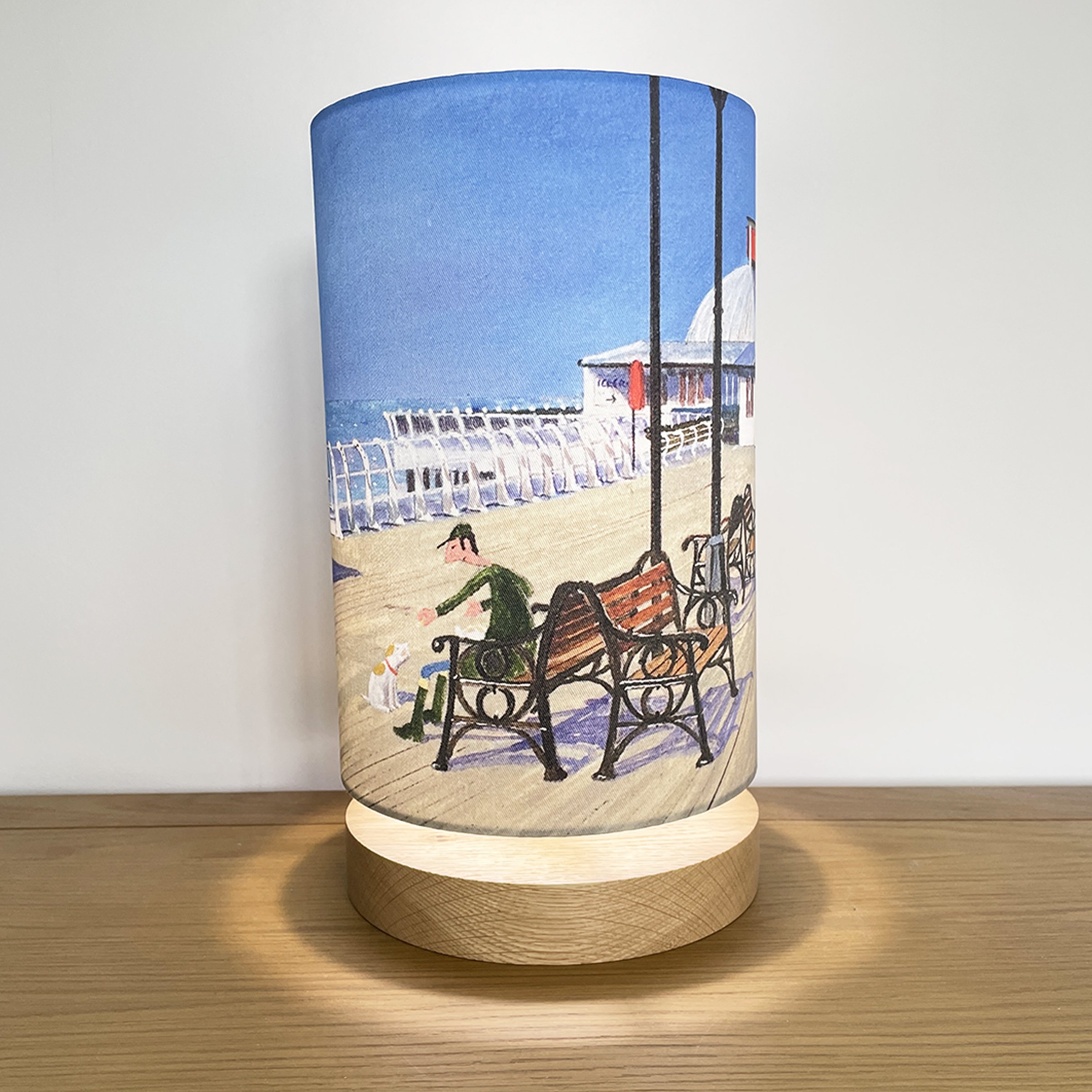 Illuminated Chips On The Pier Lampshade on Oak Base by Chris Ross Williamson