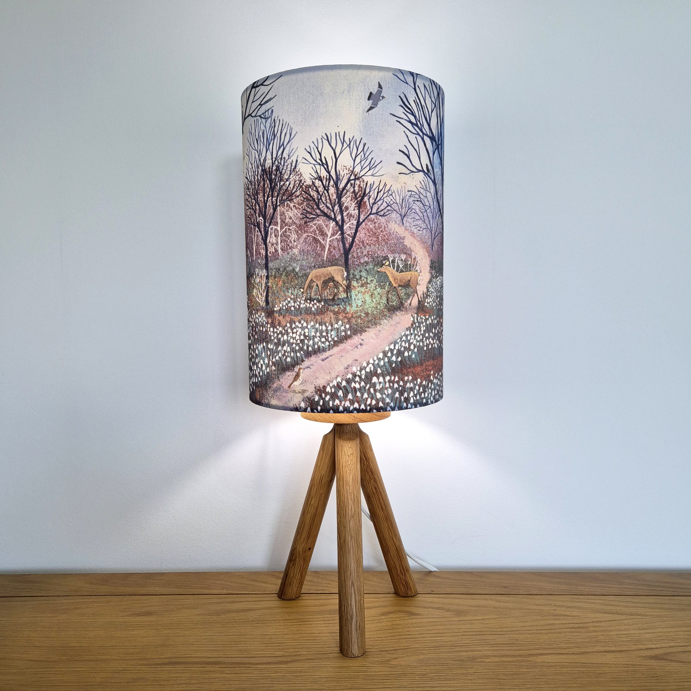 Through Carpets of Snowdrops Lampshade by Jo Grundy on Oak Tripod Base