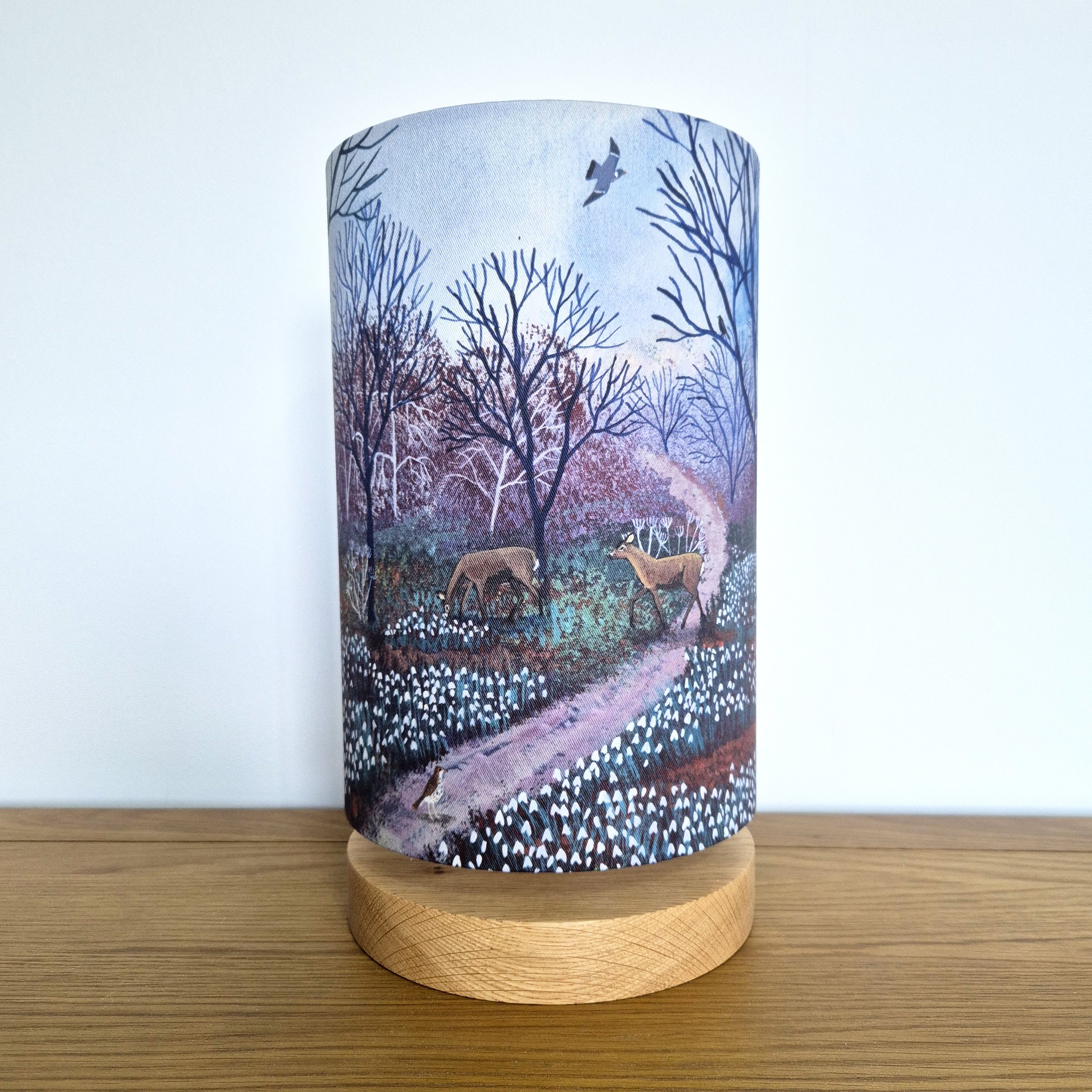 Through Carpets of Snowdrops Lampshade by Jo Grundy on Oak Circular Base
