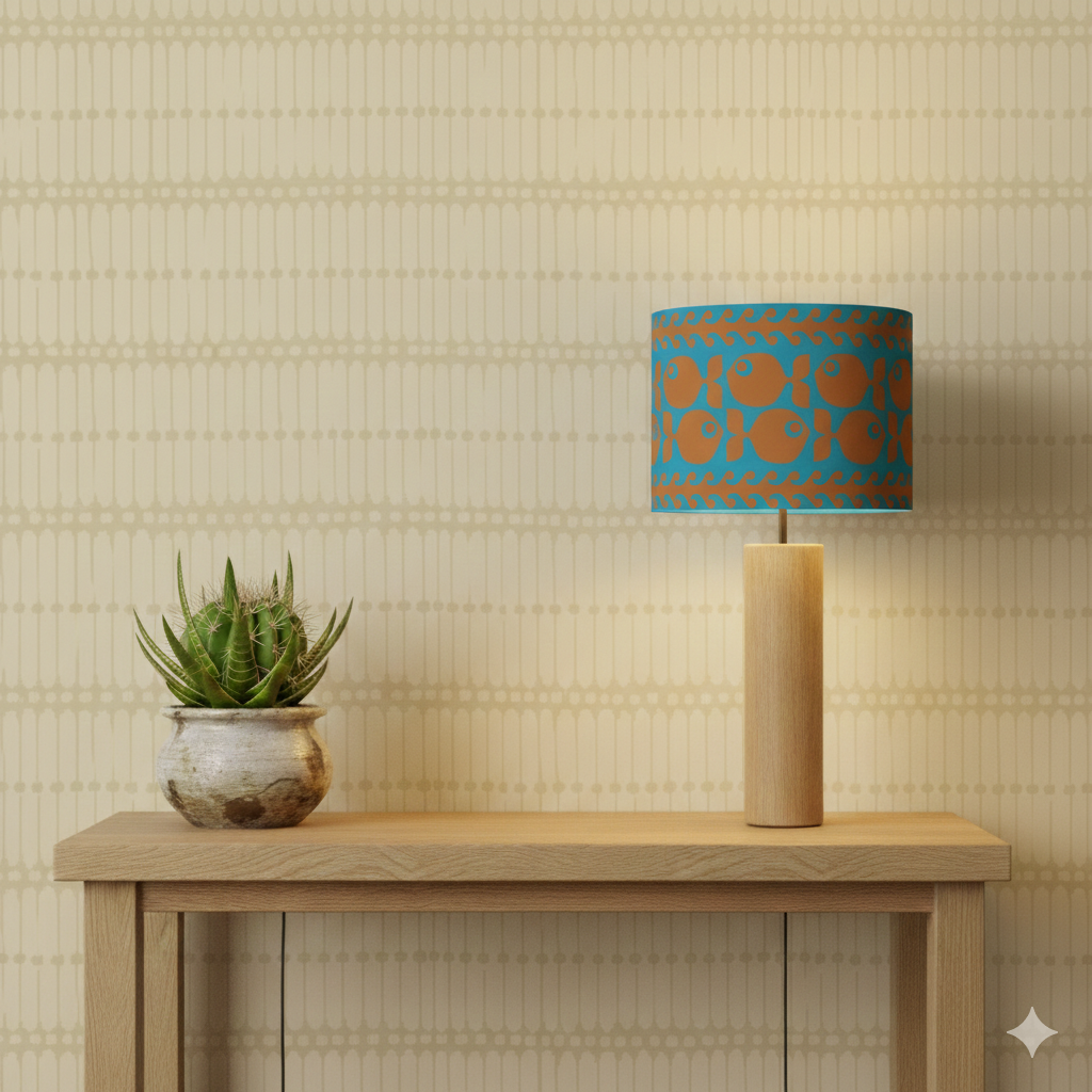 Hornsea Fish Lampshade in Orange/Blue with Hornsea Beaded Cream wallpaper background