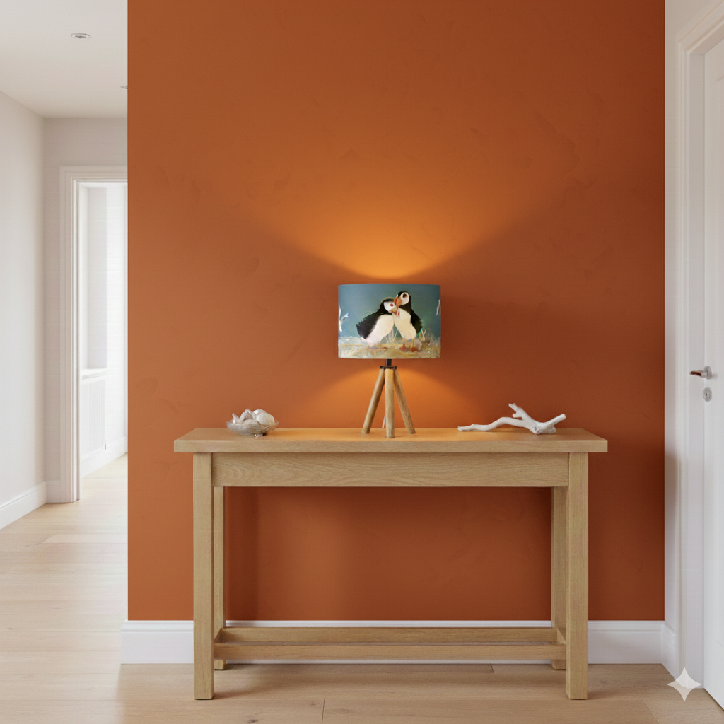 AI generated home interior featuring Puffin Island Lampshade by The Hedgerow Artist on oak lamp base