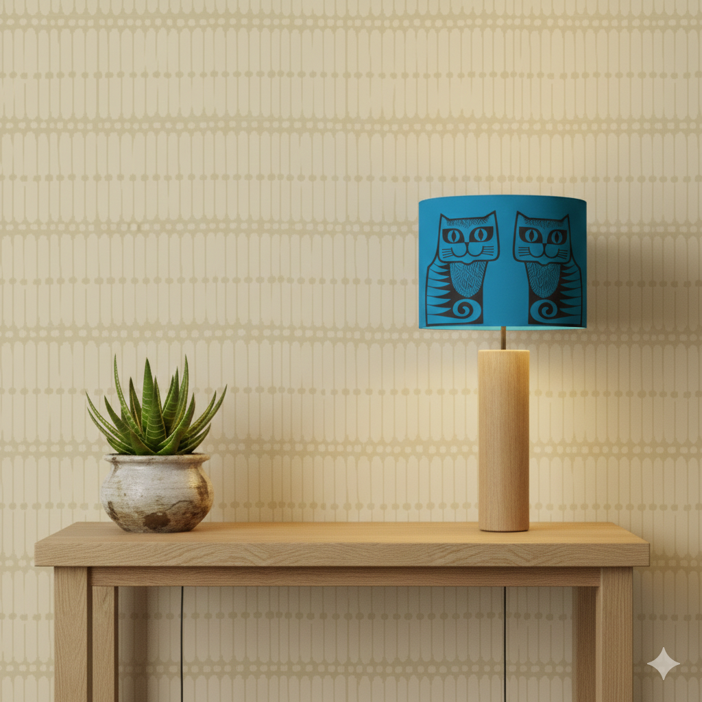 Blue Hornsea Cat Lampshade with Hornsea Beaded wallpaper background