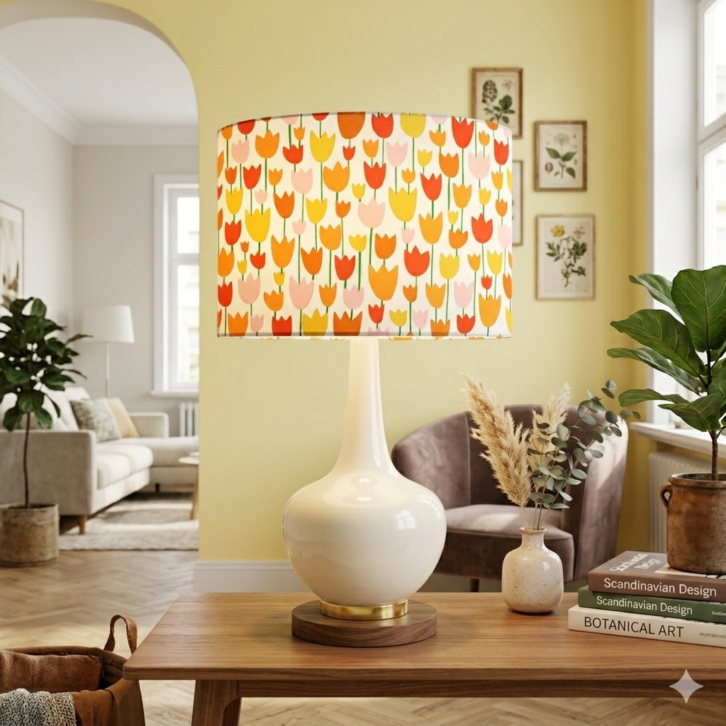 Solero Merry Tulips Lampshade by Rachel Parker in living room setting