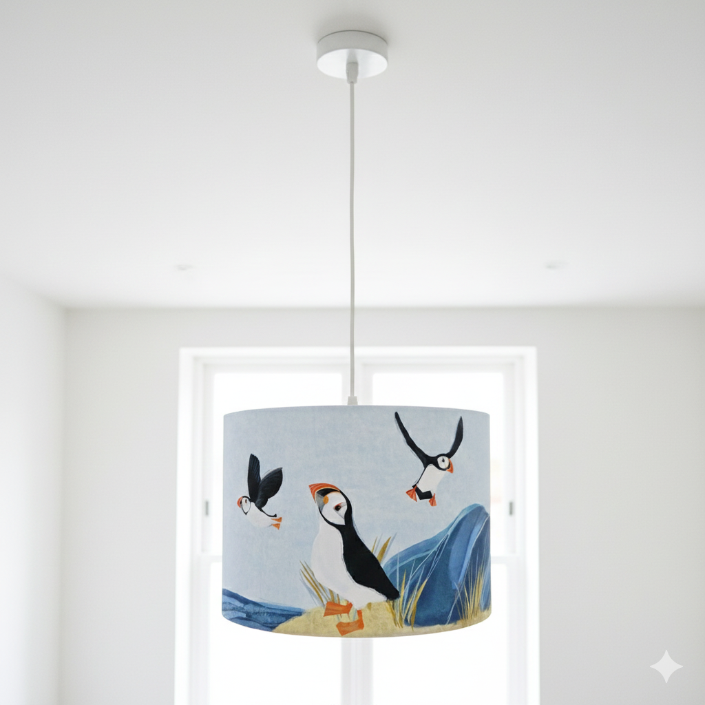 AI generated home interior featuring Puffin Island Lampshade by The Hedgerow Artist as a ceiling pendant
