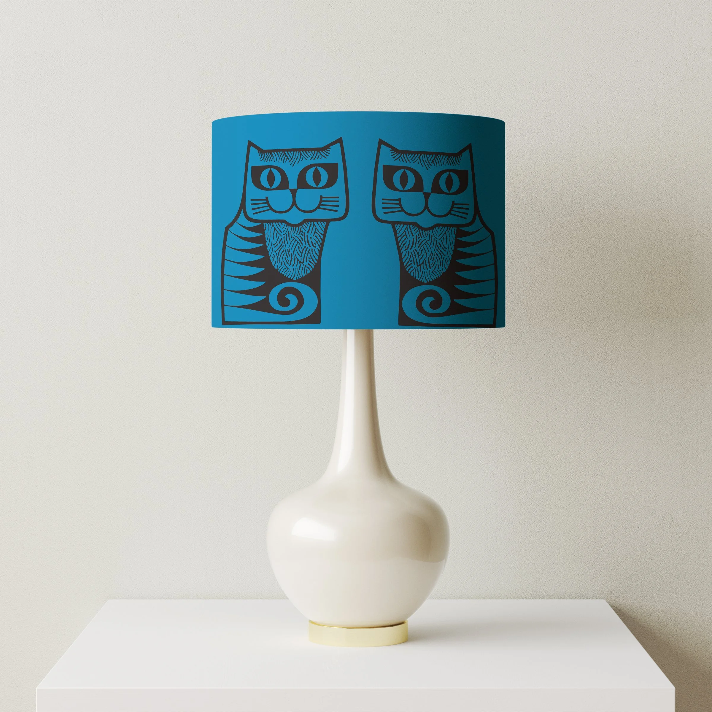 Hornsea Cat Lampshade in Blue with lamp base fitting