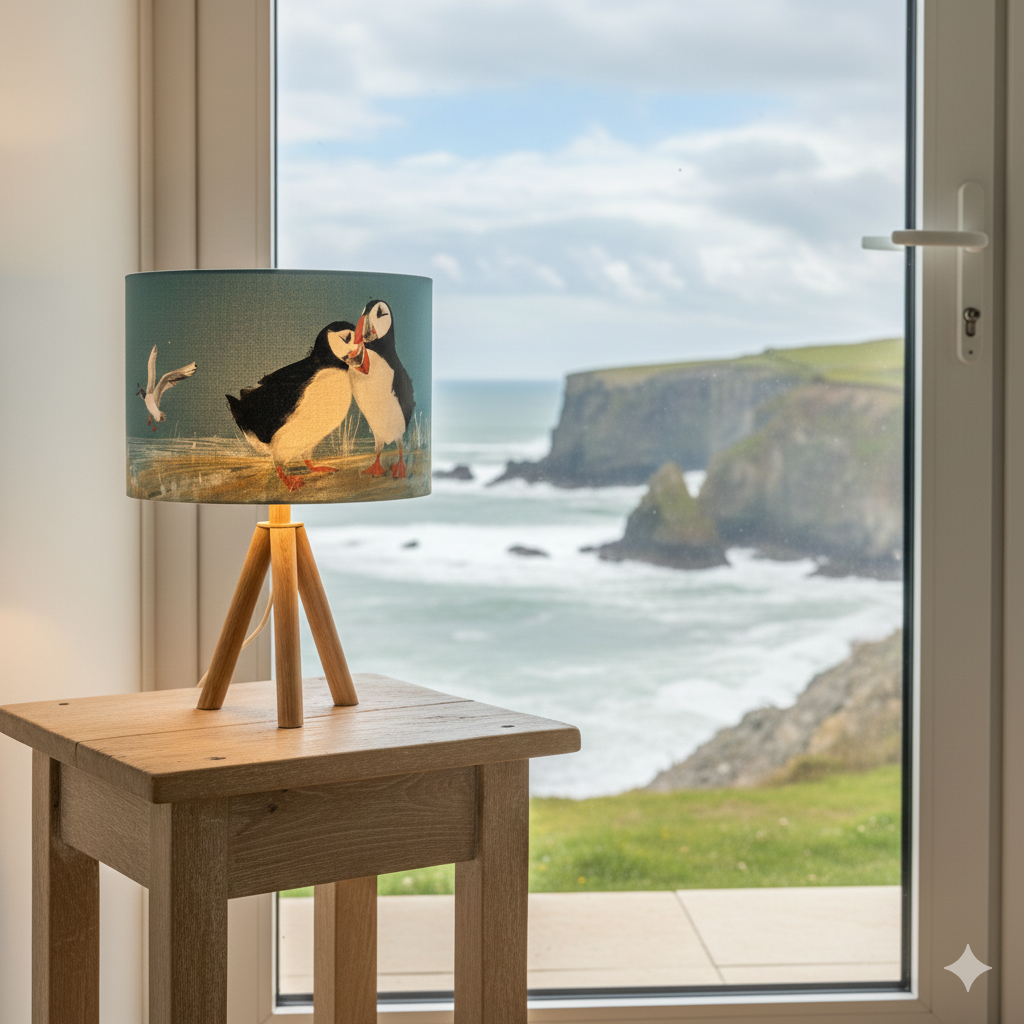 Puffin Love Lampshade in a coastal cottage