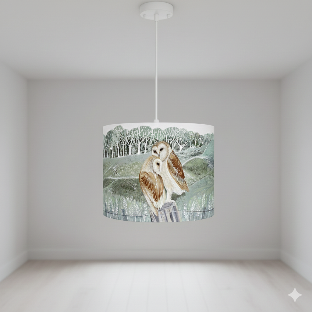 Barn Owls Lampshade with Ceiling Pendant fitting by The Hedgerow Artist