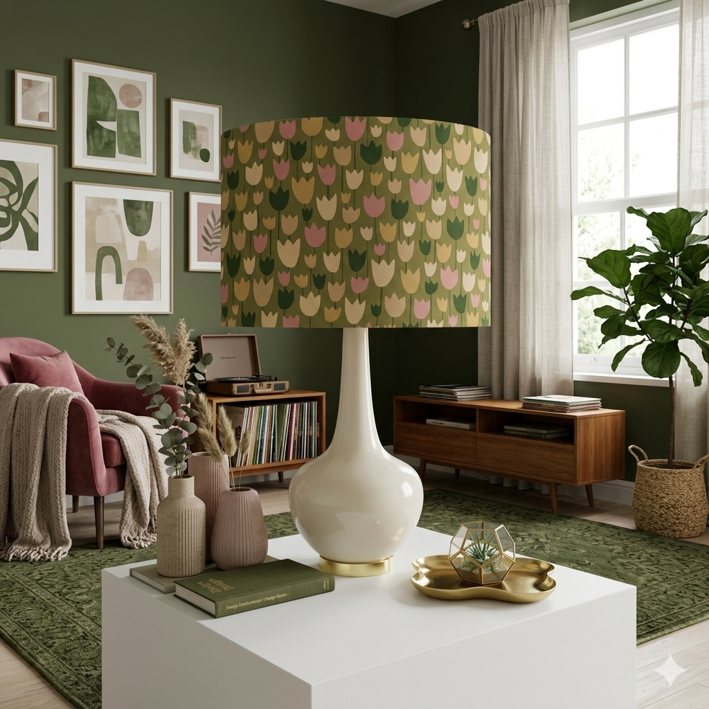 Evergreen Merry Tulips Lampshade by Rachel Parker in room setting
