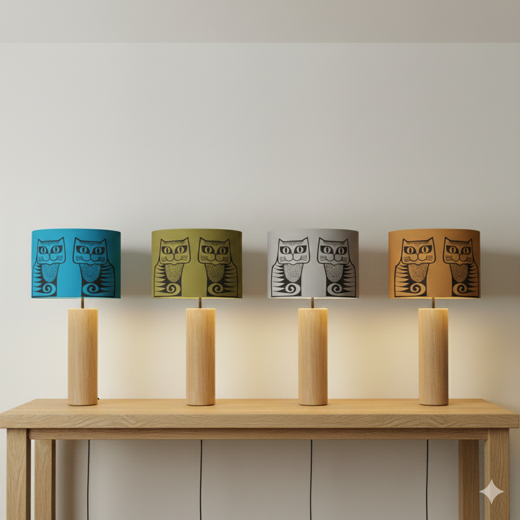 Hornsea Cat Lampshades on lamp bases on display