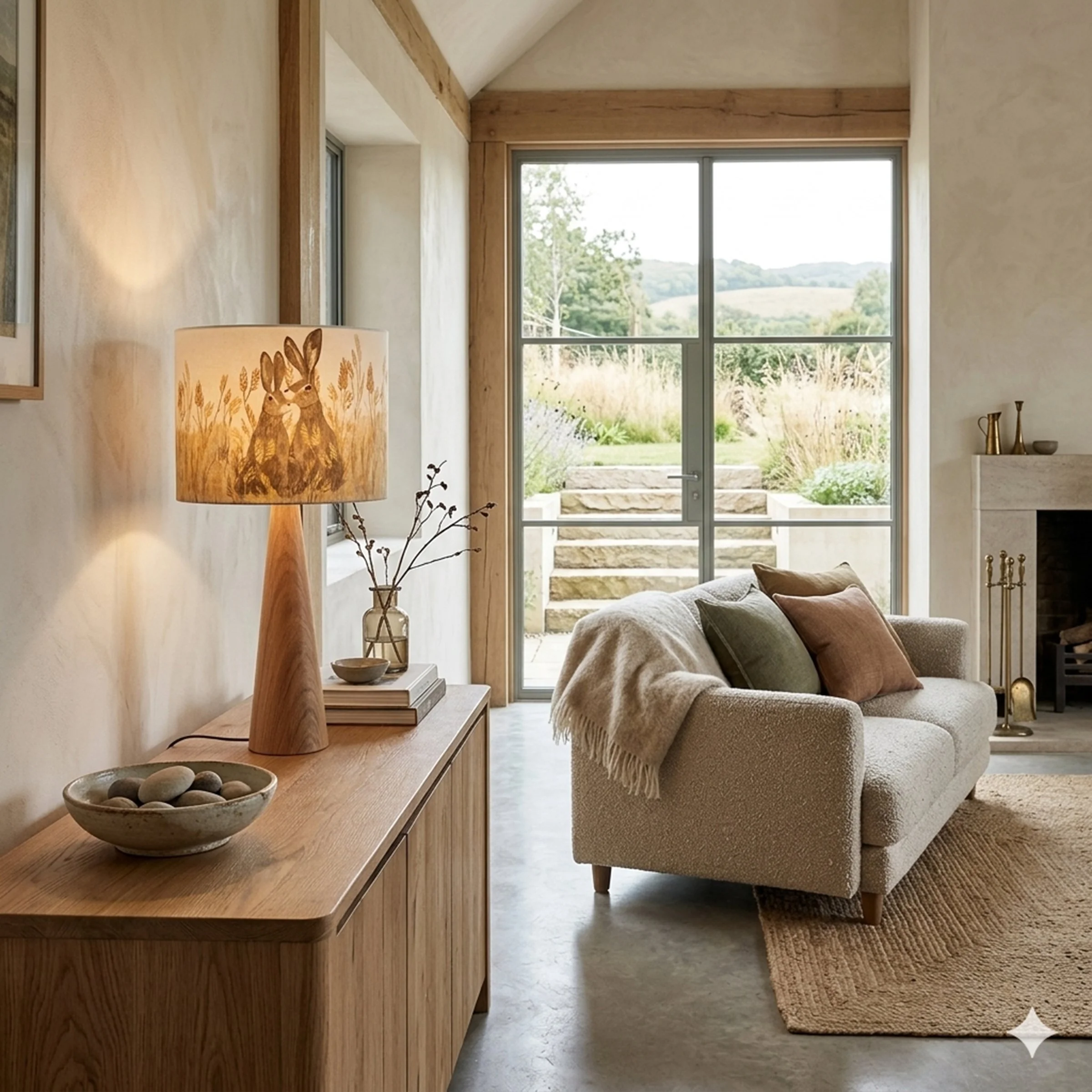 Hares Lampshade by The Hedgerow Artist in a living room setting