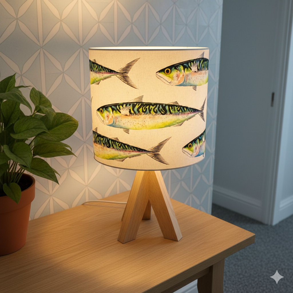 Mackerel Lampshade illuminated as a table lamp by Kate Smith