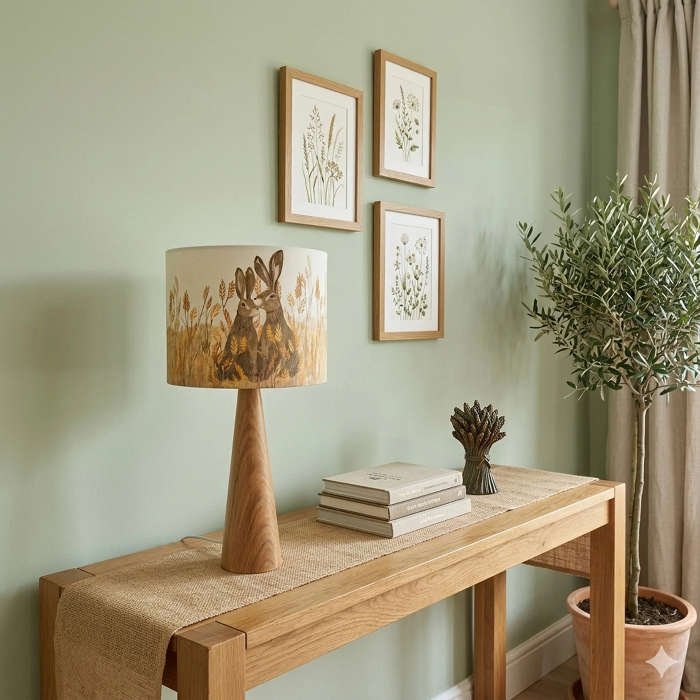 Hares Lampshade by The Hedgerow Artist in a hallway setting