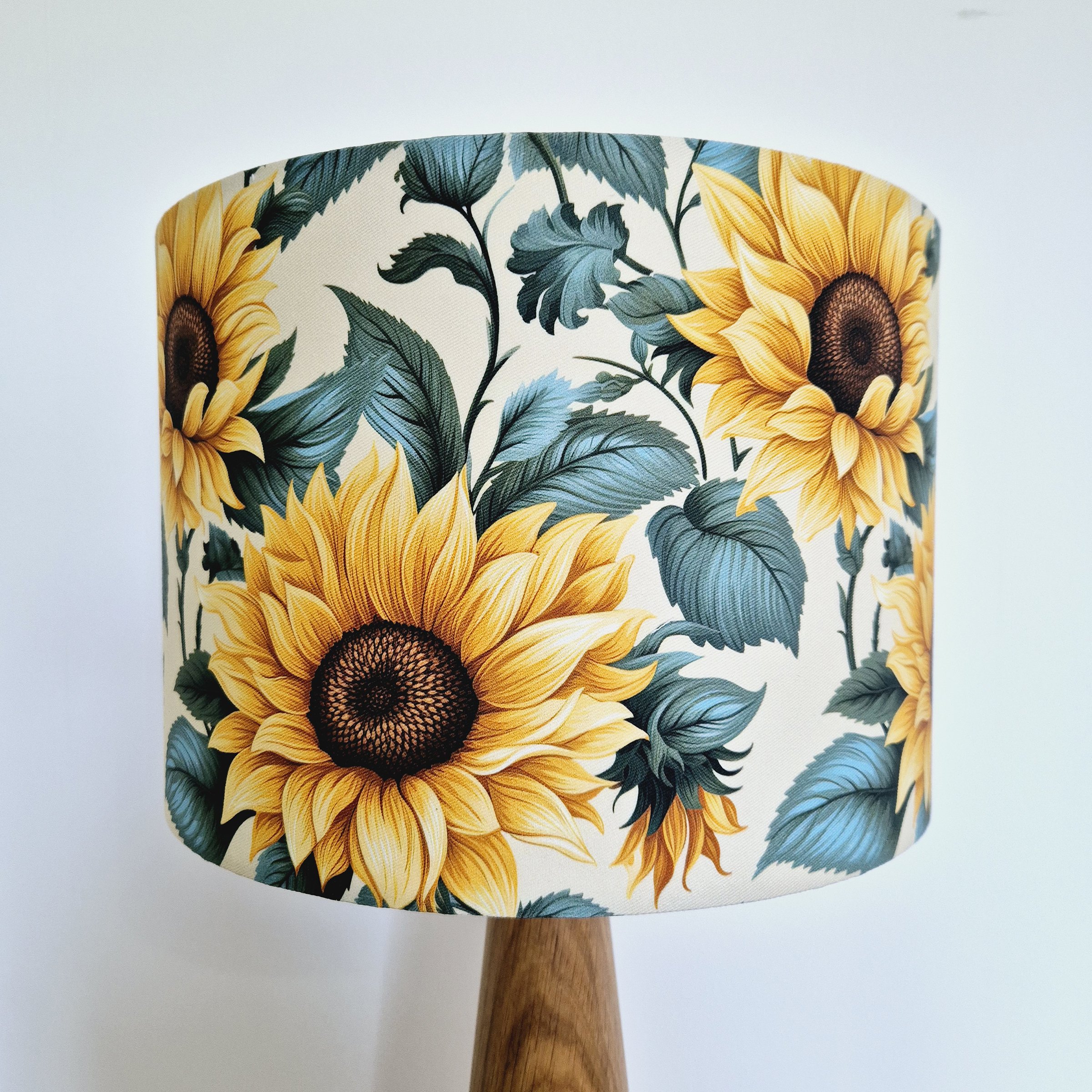 Sunflowers Lampshade Close-Up on Oak Conical Base