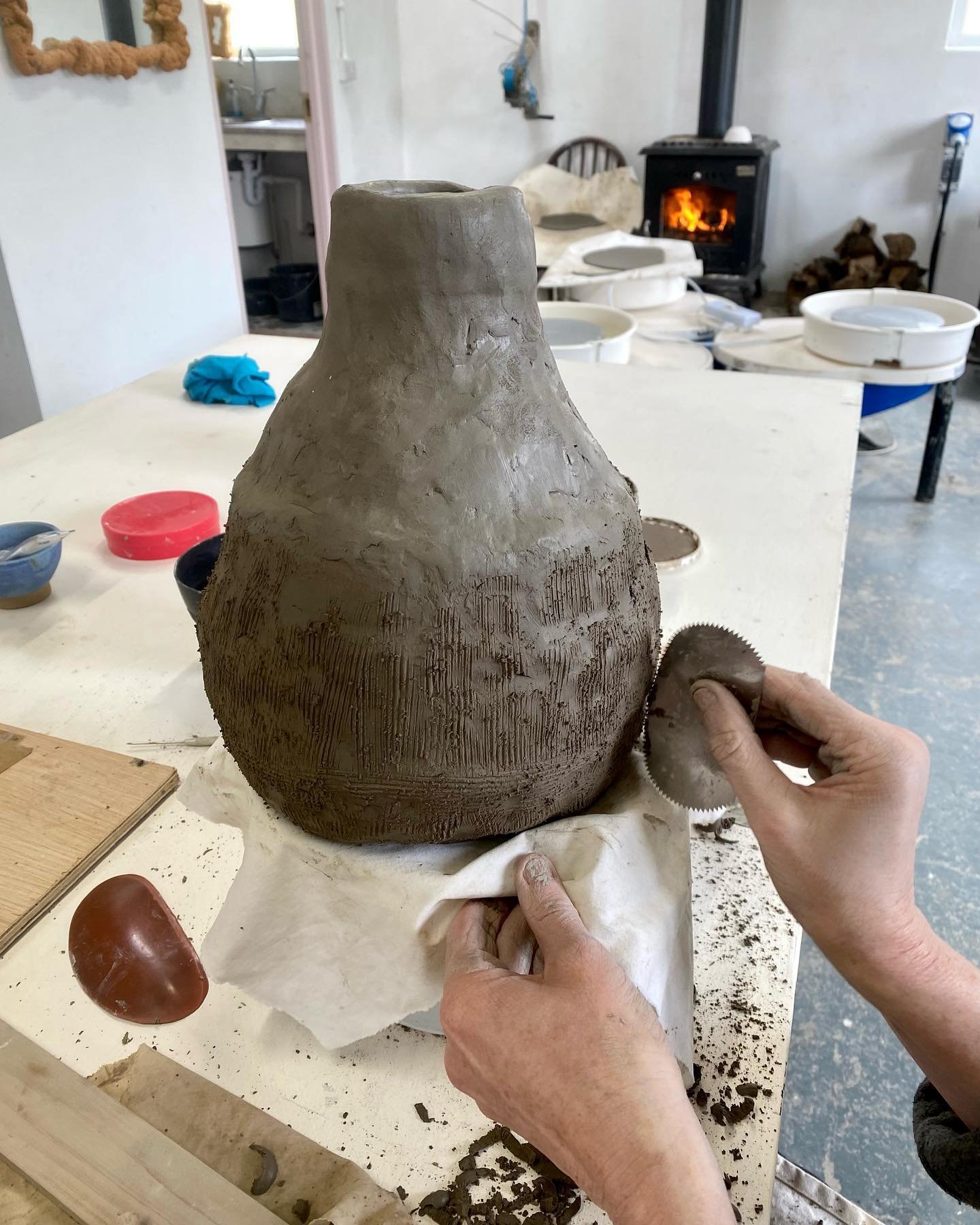 The life cycle of a vase on our 4 week course 
1. Wet/ plastic stage 
2. Bone dry 
3. Bisque (fired to 1000 degrees 🔥)
4. Glaze (re fired to 1200 degrees 🔥) 
Made by Mary her first time doing pottery, 10/10 Mary