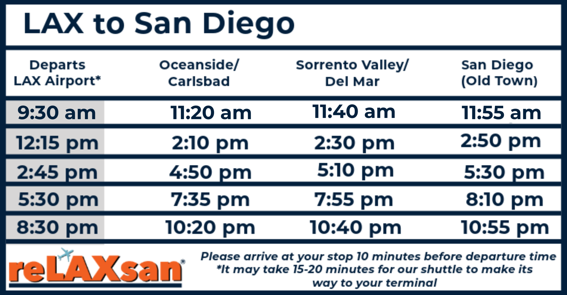 LAX to San Diego Schedule