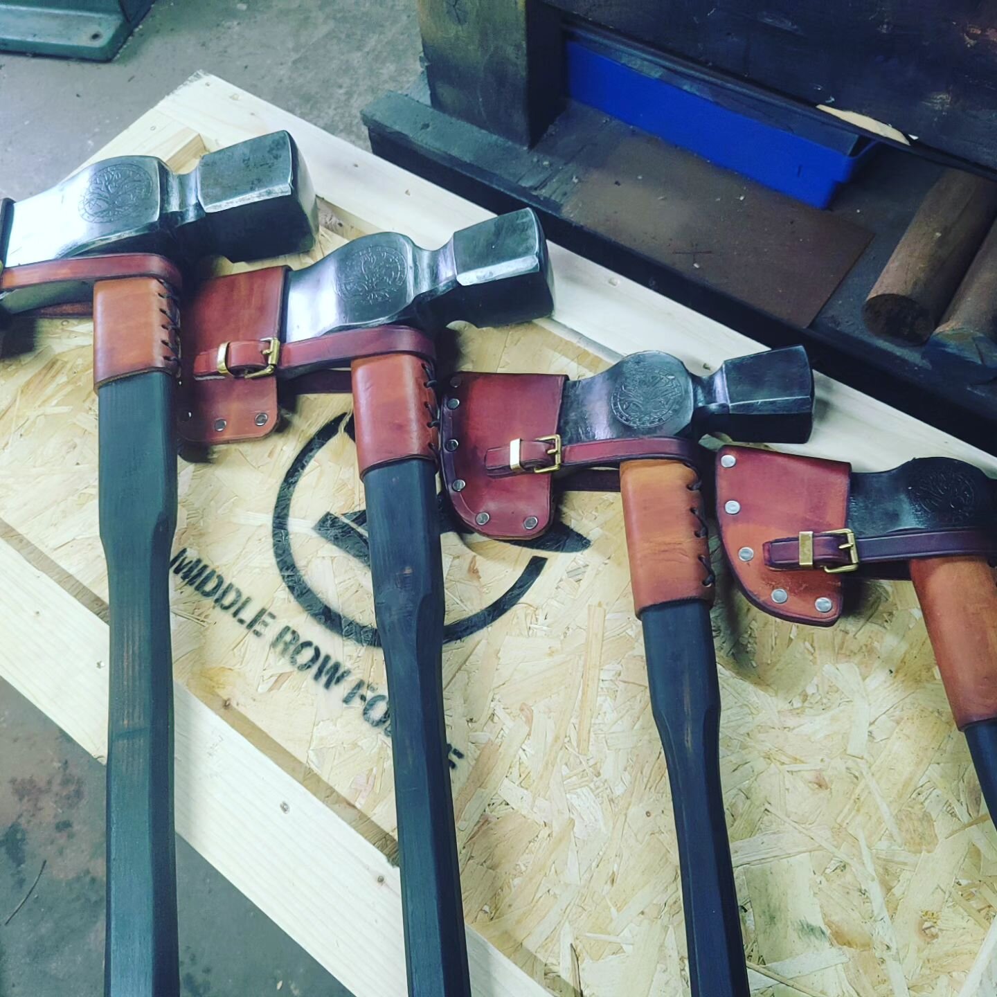 This rather large set of rather large axes are heading to their new home in Norway this week.

Made from En9 medium carbon steel, hardened and tempered, heavy duty leather blade covers and overstrike protectors, hand made  English ash handles. Featur