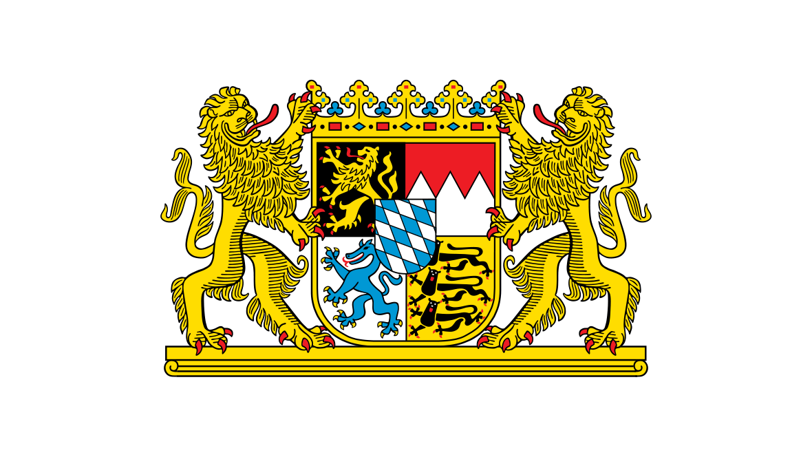 German flag featuring a coat of arms with two golden lions, a blue and white shield, and various heraldic symbols on a black background.