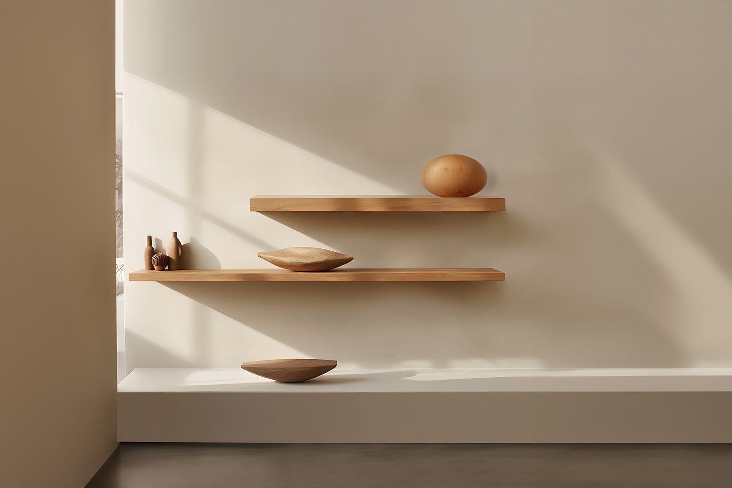 Individual Floating Shelf with One Sculptural Wooden Pebble Accent, Sereno by Joel Escalona — 4.jpg