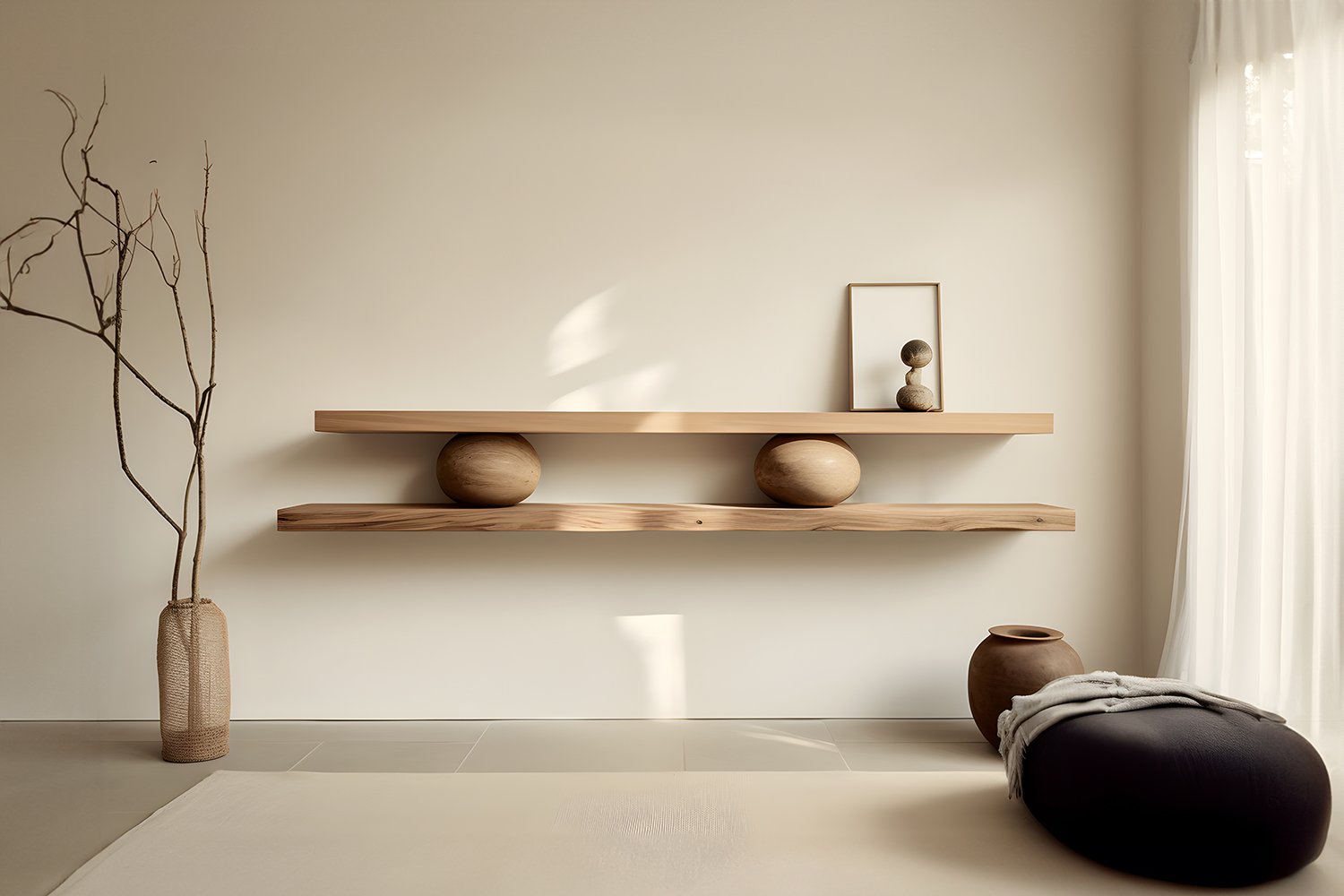 Set of Two Large Floating Shelves with Two Sculptural Wooden Pebble Accents in the Middle, Sereno by Joel Escalona — 4.jpg