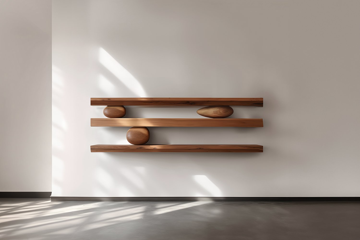 Set of Three Floating Shelves with Three Sculptural Wooden Pebble Accents, Sereno by Joel Escalona — 3.jpg