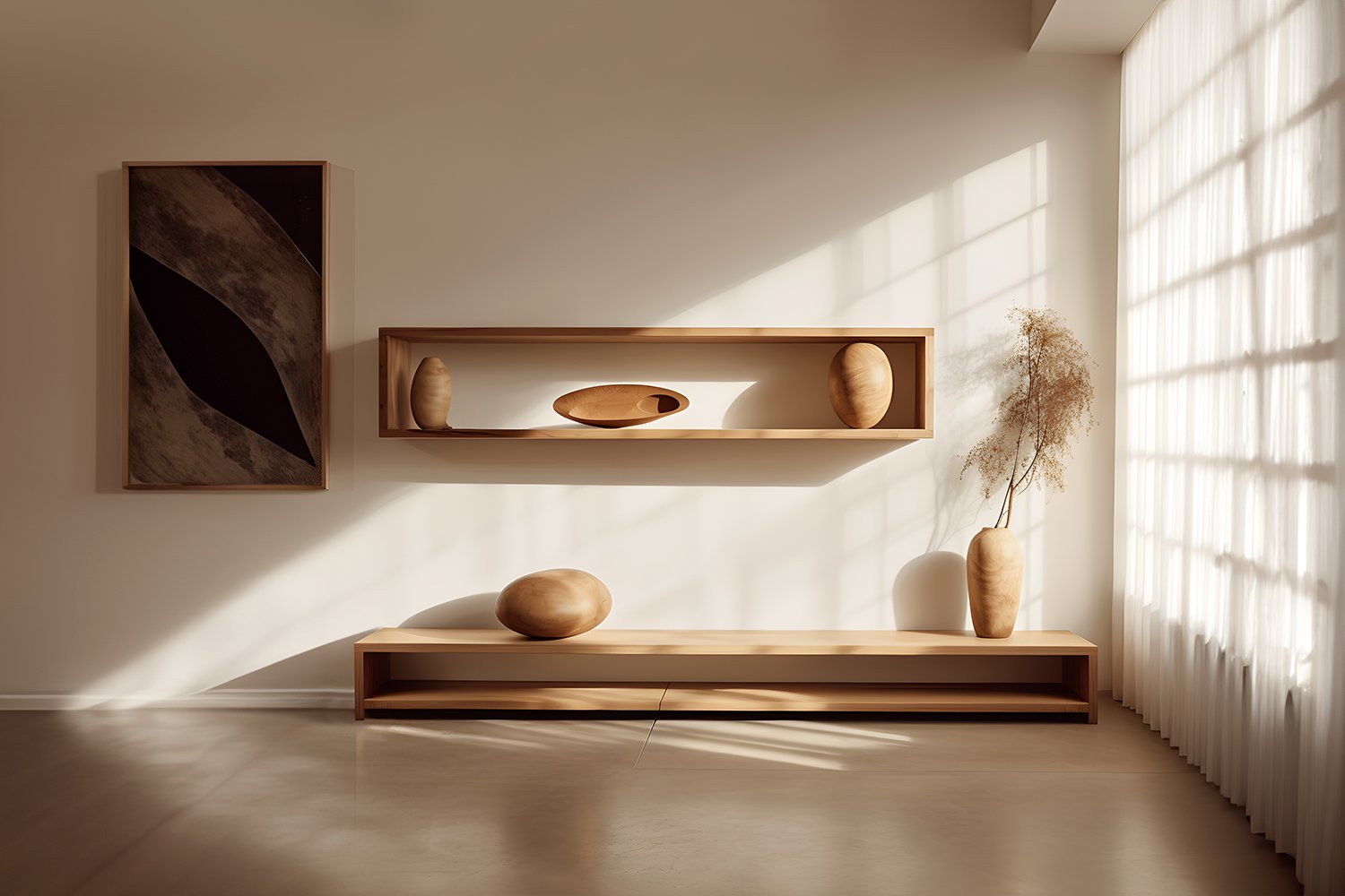 Large Rectangular Floating Shelf with One Sculptural Wooden Pebble Accent, Sereno by Joel Escalon — 3.jpg