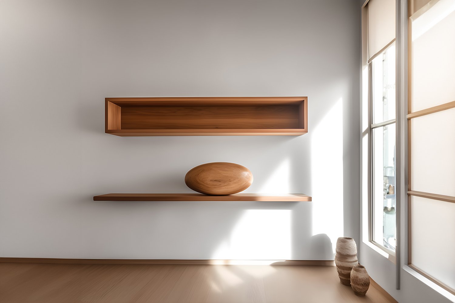 Large Rectangular Floating Shelf with Close Back and One Large Sculptural Wooden Pebble Accent, Sereno by Joel Escalona — 5.jpg