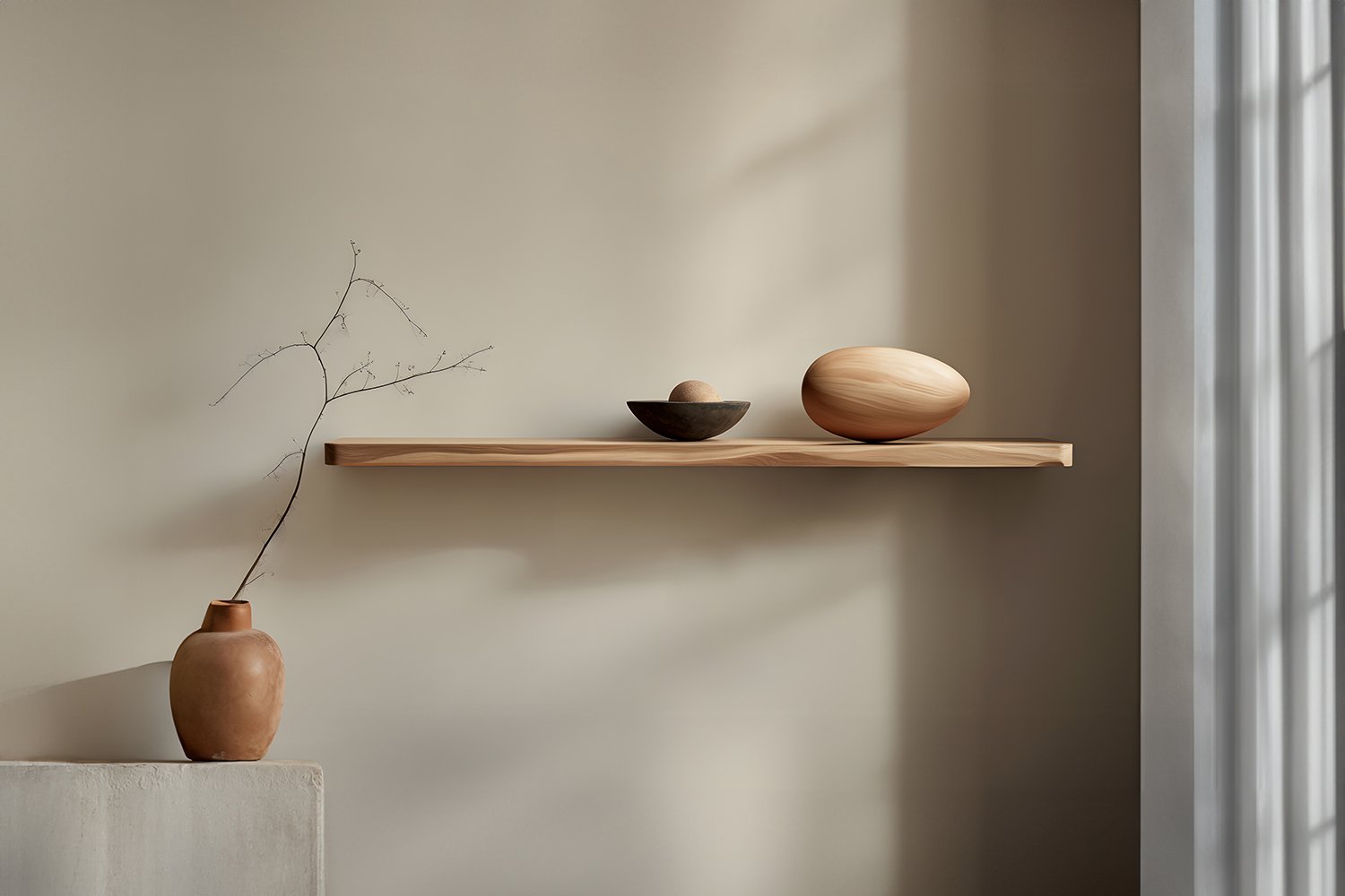 Individual Floating Shelf with One Sculptural Wooden Pebble Accent, Sereno by Joel Escalona — 2.jpg