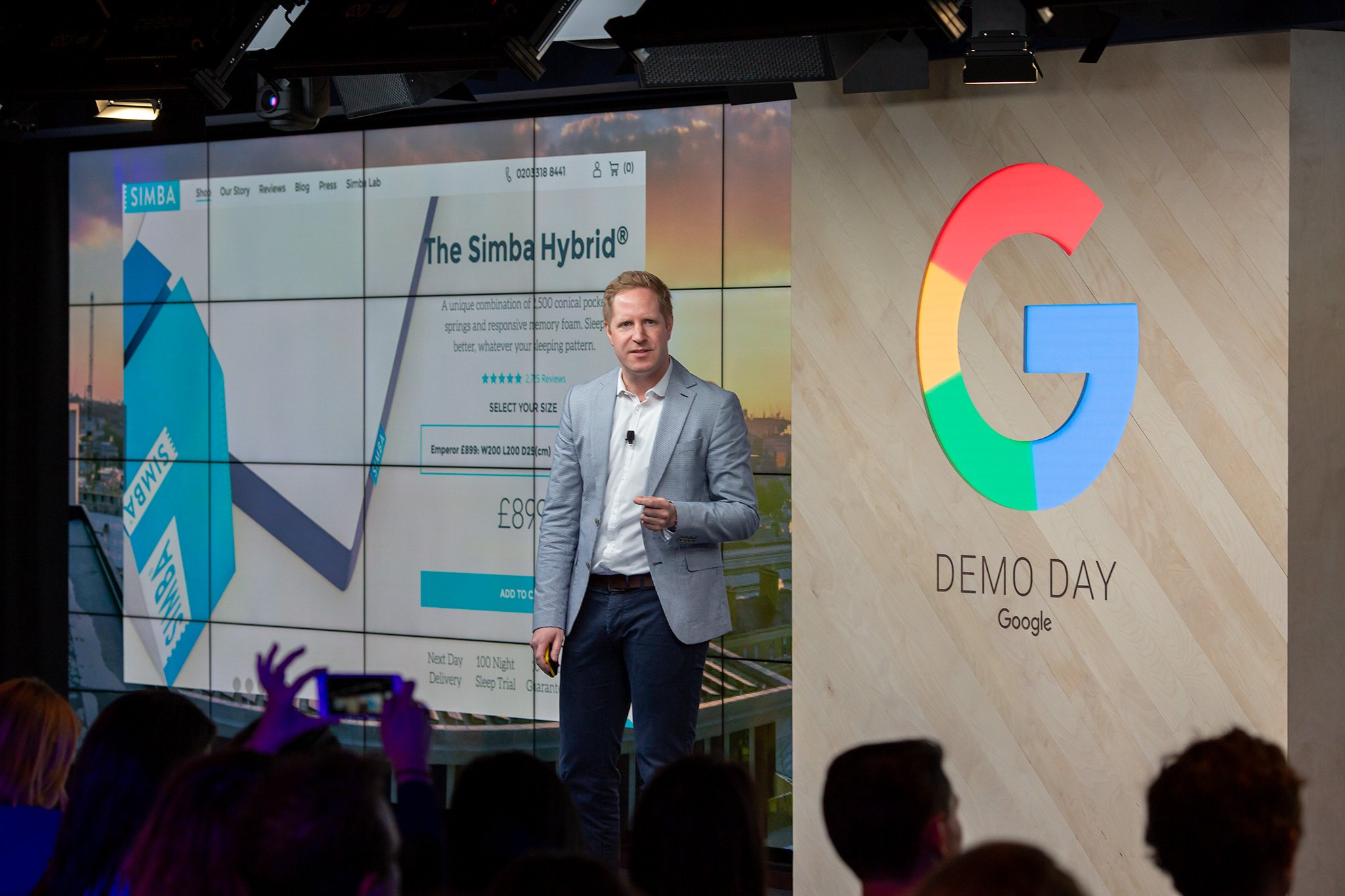Simba CEO gives a presentation on stage at Google Demo day event in Google headquarters in London