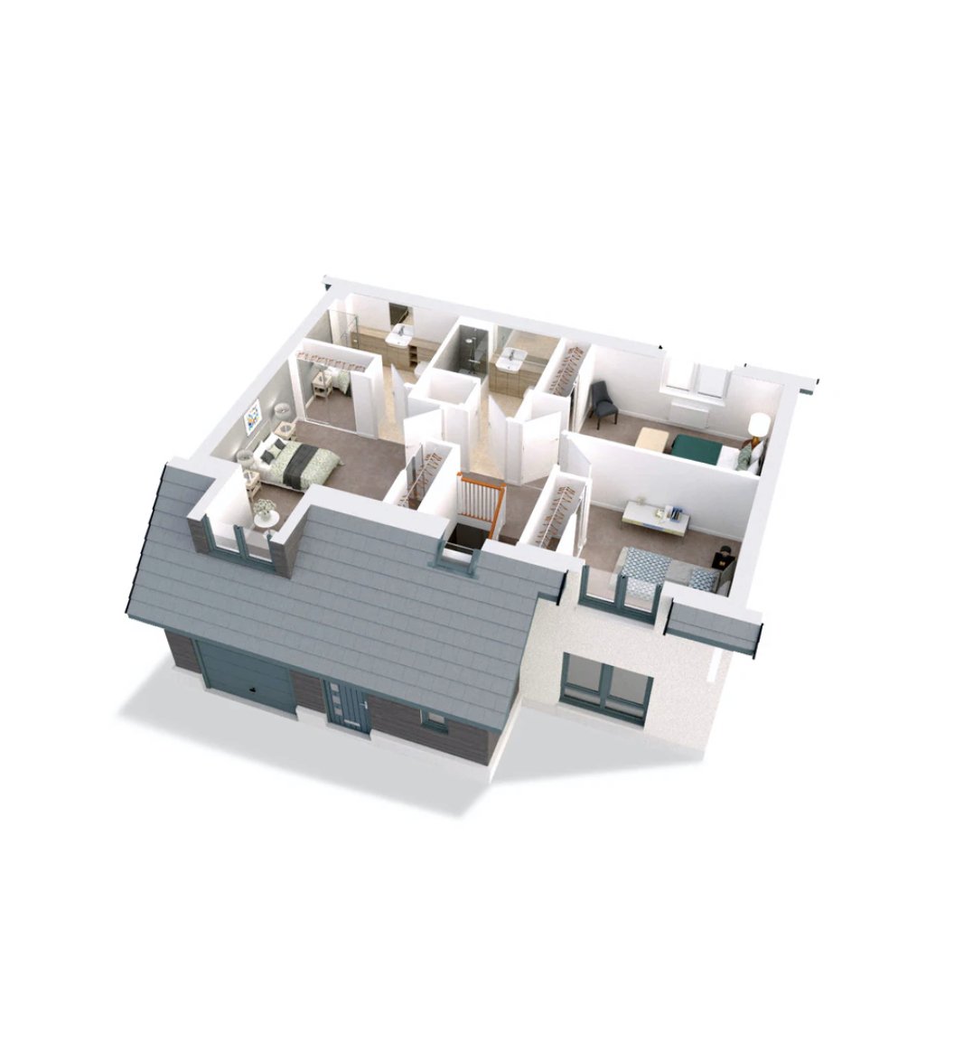 3D floor plan of modern single-story house with multiple bedrooms, bathrooms, and open living spaces – layout overview of Bynack More Aviemore holiday home.