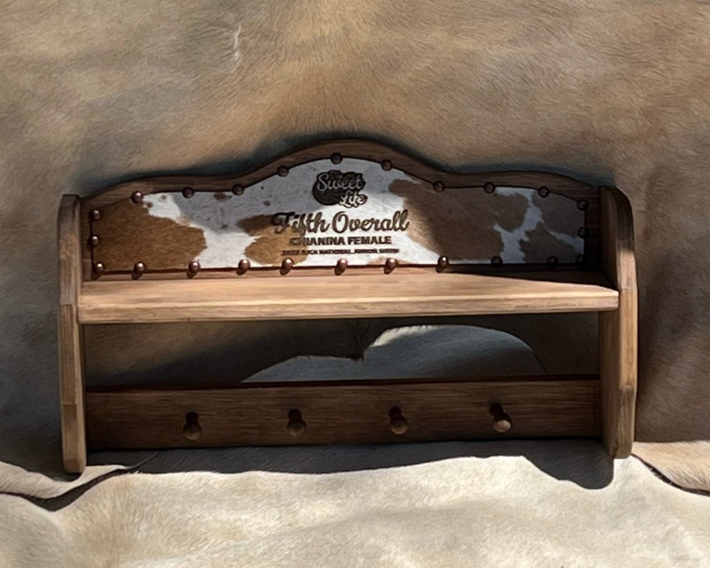 Wood Peg Shelf/Coat Rack with Cowhide: $70