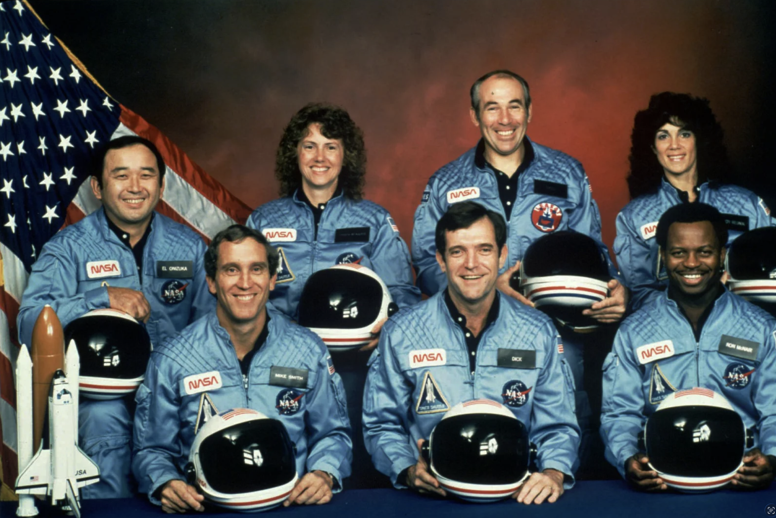 The crew of the space shuttle Challenger. Front row from left are Michael Smith, Dick Scobee and Ronald McNair. Back row from left are Ellison Onizuka, Christa McAuliffe, Gregory Jarvis and Judith Resnik.