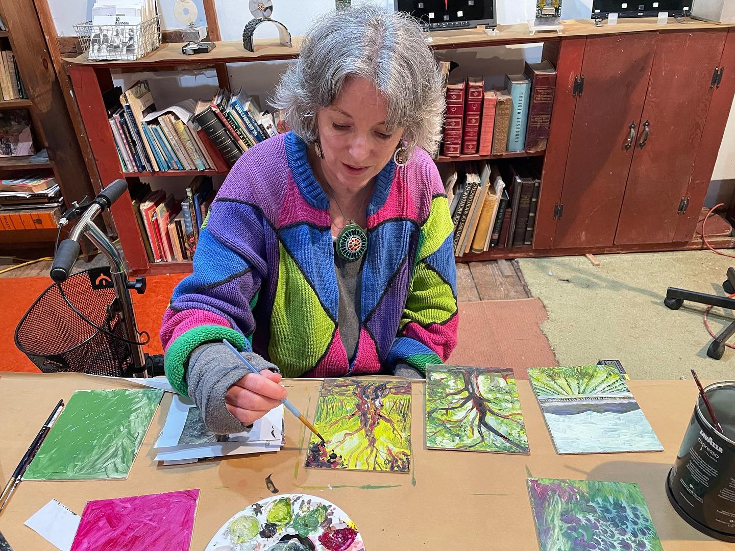 The open studio weekend was a blast- thanks to everyone who came.💕I was also (because it was a live studio event) able to paint six panels using my limited palette of greens and alizarin crimson. Images were inspired by my time in last March in Mene