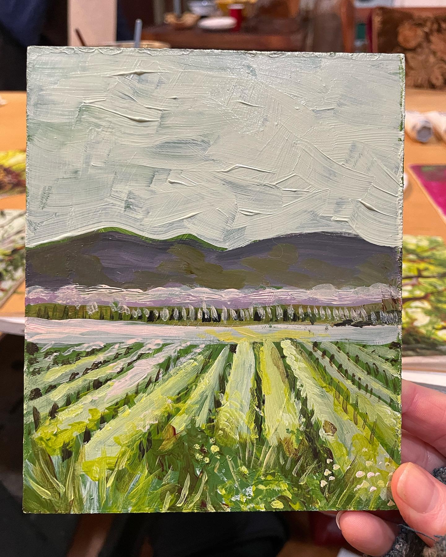 Menerbes France in March- looking towards the Luberon mountains. Small acrylic panel- sold. #landscapesoffrance #soldart #wintervineyard