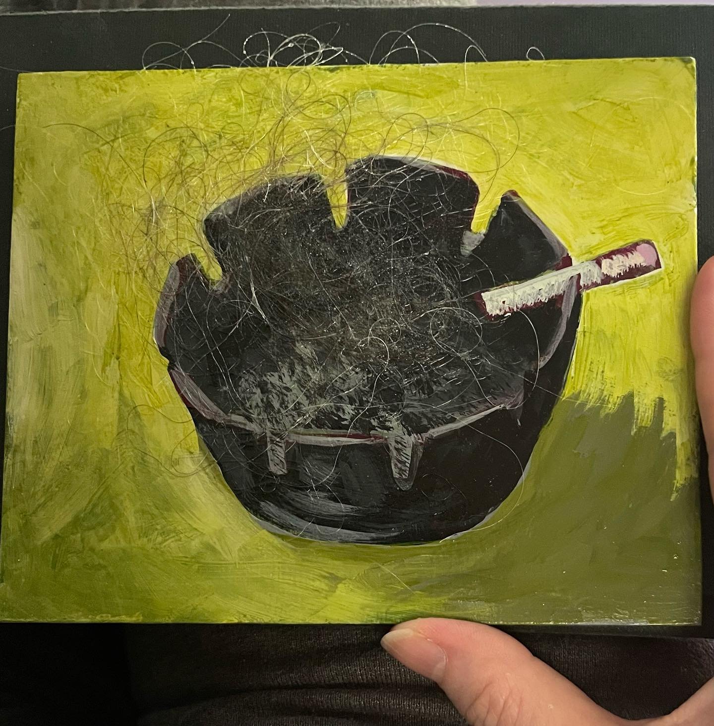 Maybe I have gone too far? 
Cleaning her hairbrush and mamas hair suddenly struck me as precious, and it looked like smoke in my hand- not quite the same when mixed with glue- but this painting literally has a piece of mama in it. #mourningmama #ciga