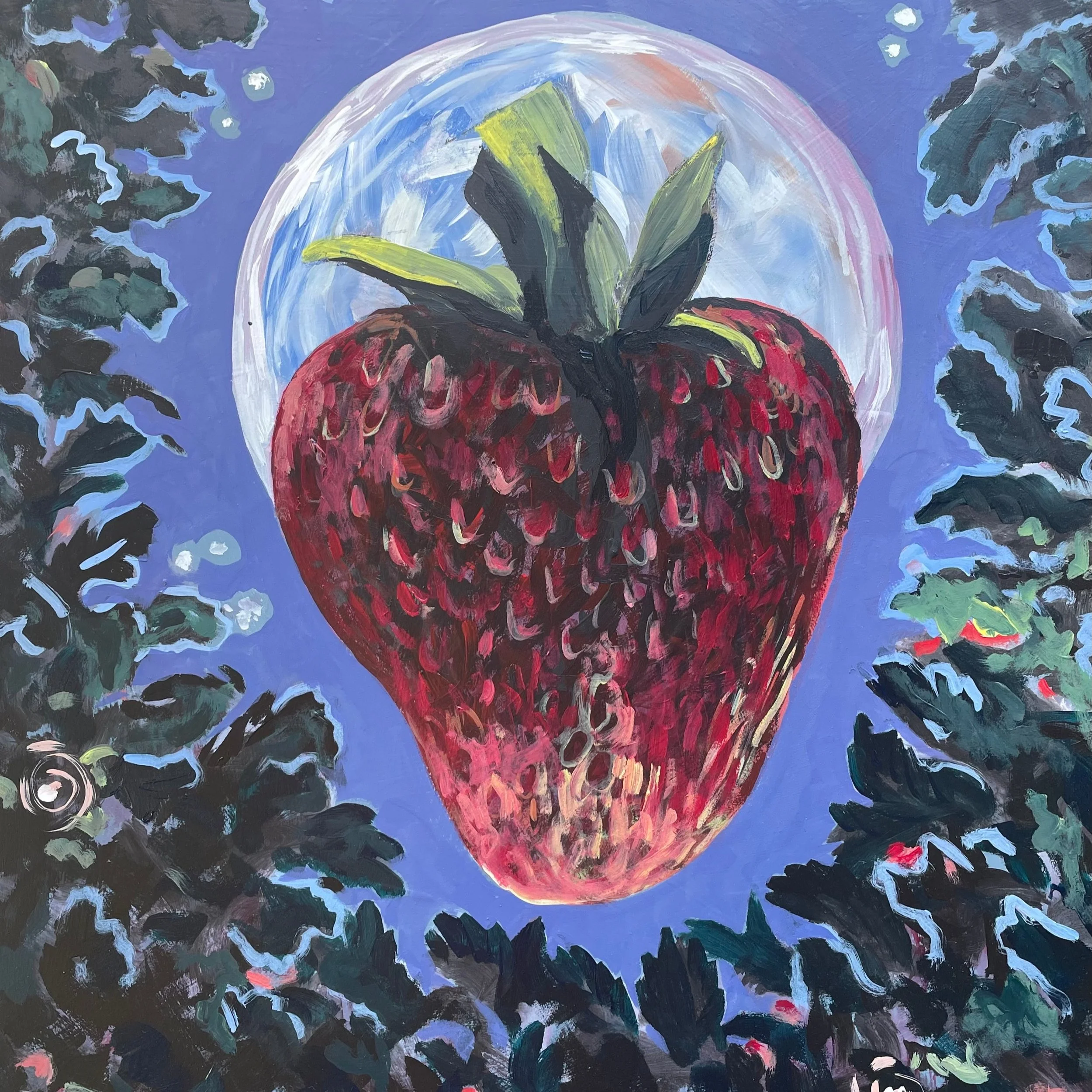 Strawberry Moon blessings abound! I love this time of year- its all a celebration of my son's blossoming and ripening wondrous lives. 
I painted this tasty image while rejoicing in the season.
Acrylic on wood panel. 21 X 19 inches
#moonseries #strawb