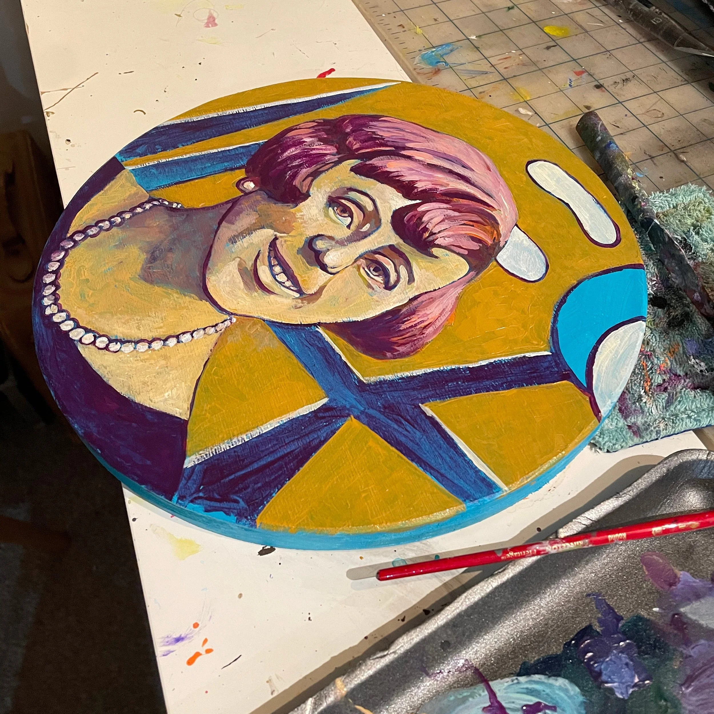 I'm painting Hilla into existence because she is a woman hard to categorize. 
Few museum founders have experienced such dramatic swings between admiration and rejection. History often has remembered Hilla von Rebay 1890-1967 (and other museum matrons