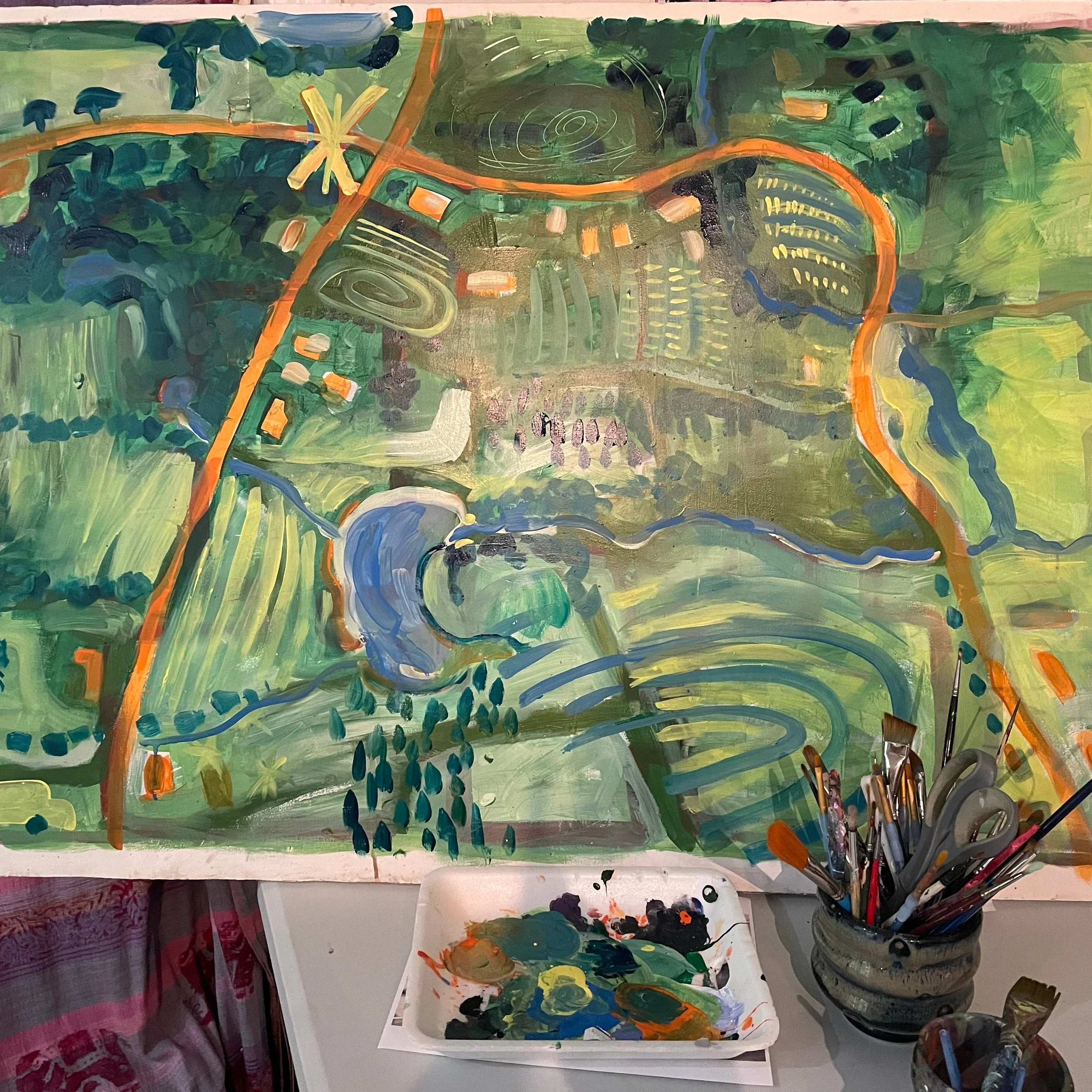 Throwing a neighborhood potluck for the peeps on my street. Took a bit of tidying up, and the love of a good man @gellatly.michael_ to have the courage to do this. The roast is cooked, the tables are set...and then... a last minute painting ...of an 