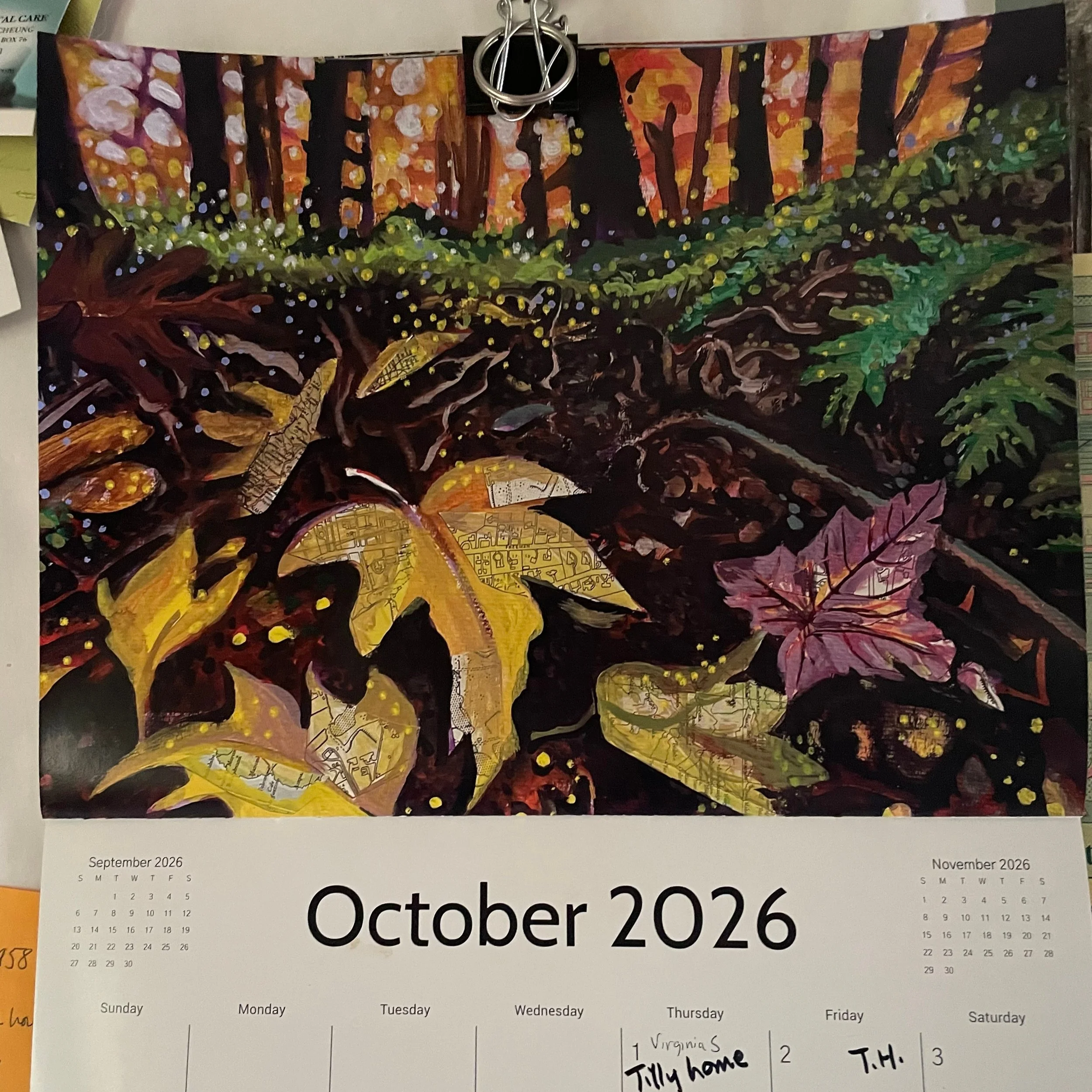 I am home. This is home. This is the soil, the roots, the memories.
It's October and this is probably my favorite page of the 2026 calendar-
It fell out of my brush. 
The maps collaged into the surface are relevant to my wanderings on this planet... 
