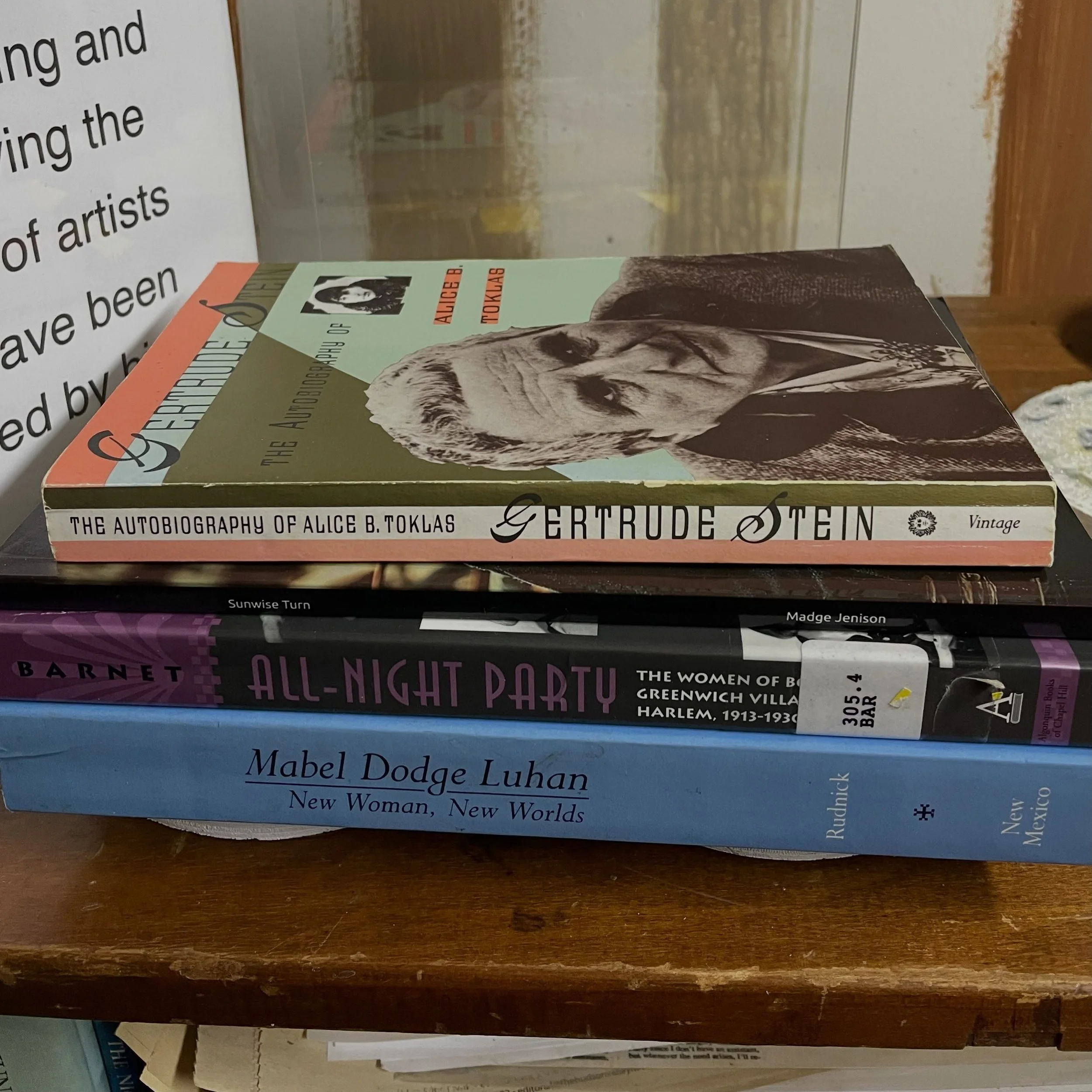 Books on my reading table- so excited to reread Mabel Dodge Luhan, The Autobiography of Alice B Toklas, Sunwise Turn (a radical bookstore and literary salon in NYC between 1916 and 1927), and All-Night Party by Andy Barney (hostesses of Bohemian Gree