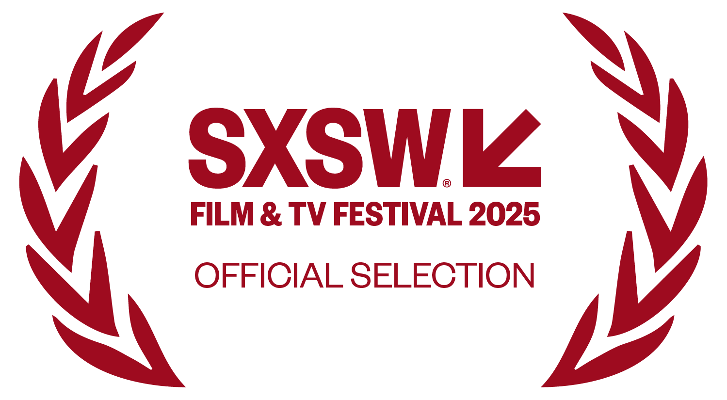 SXSW Film and TV Festival 2025 official selection badge with maroon laurel wreath and text.