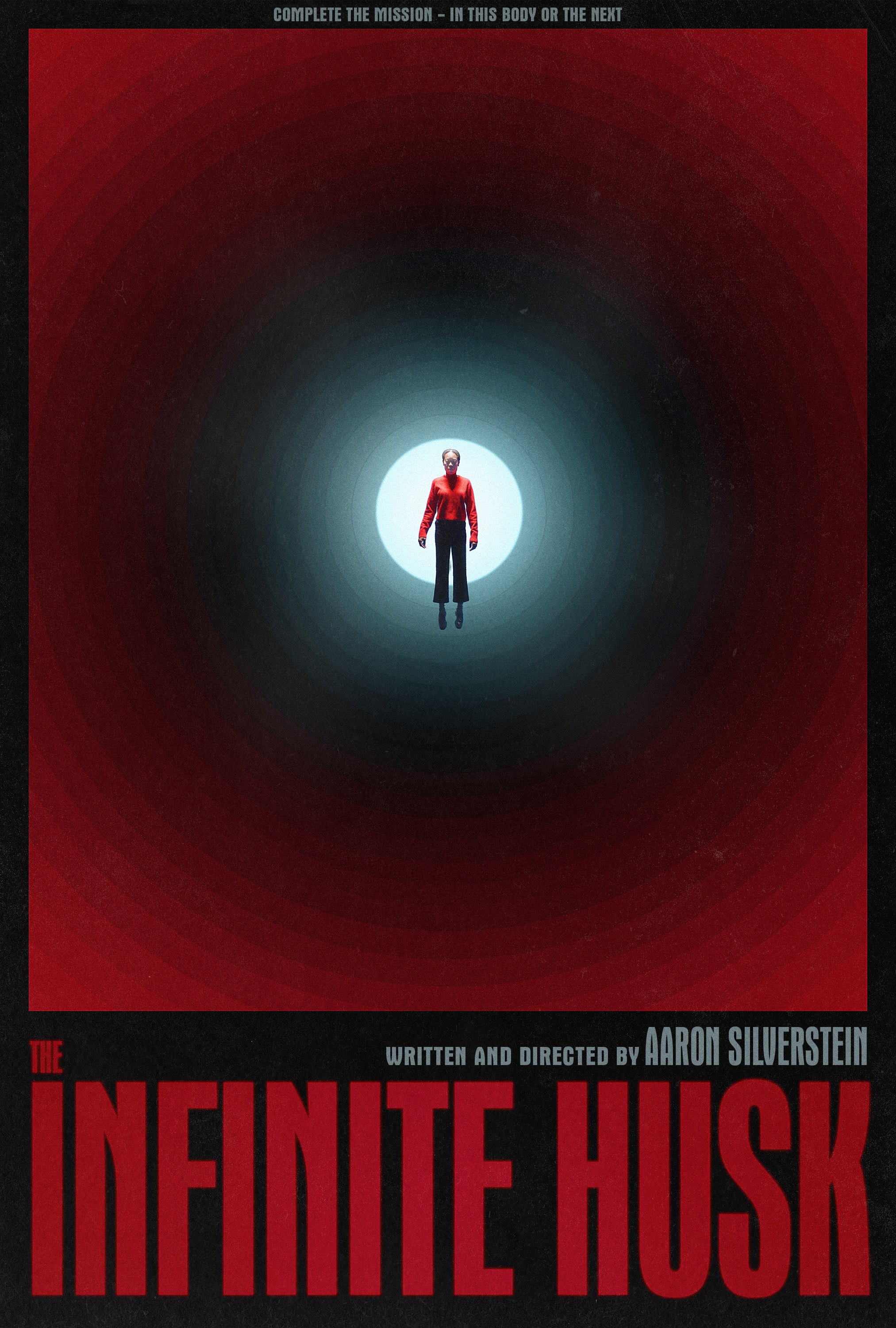 A person in a red sweater and black pants floating in a dark, circular tunnel with a bright white light behind them.