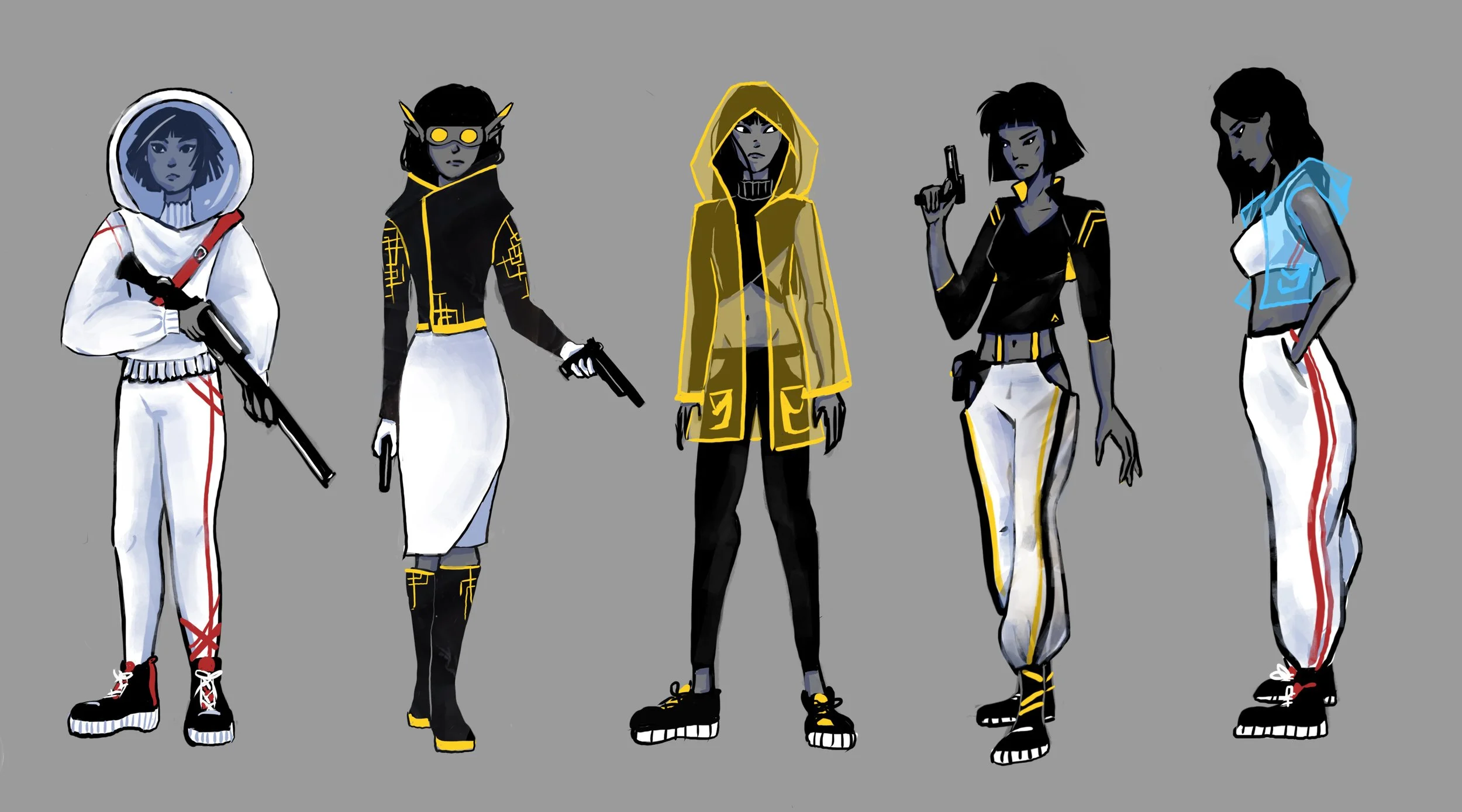 Digital illustration of five female characters dressed in futuristic streetwear with dark and yellow accents, holding guns, against a gray background.