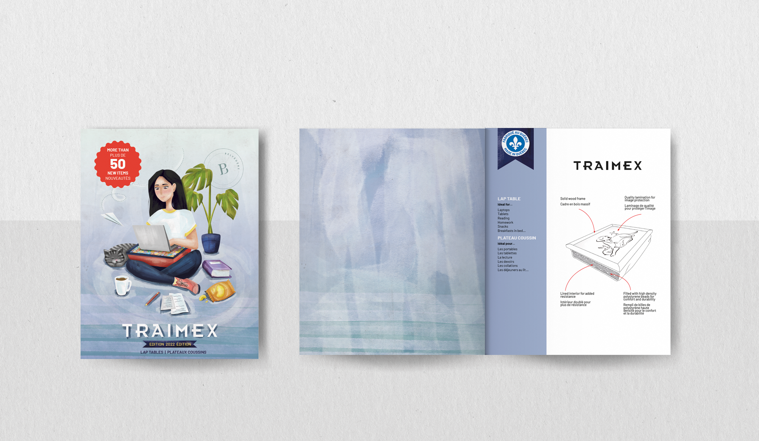 Brochure for TRAIMEX with an illustrated woman sitting cross-legged with a laptop, a cat, a plant, and various items around her on a blue striped surface.