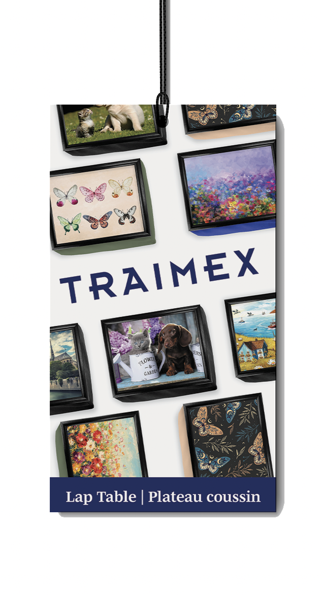 Packaging of TRAIMEX lap table or plateau coussin with various framed artwork, photos of animals, landscapes, butterflies, and colorful abstract paintings.