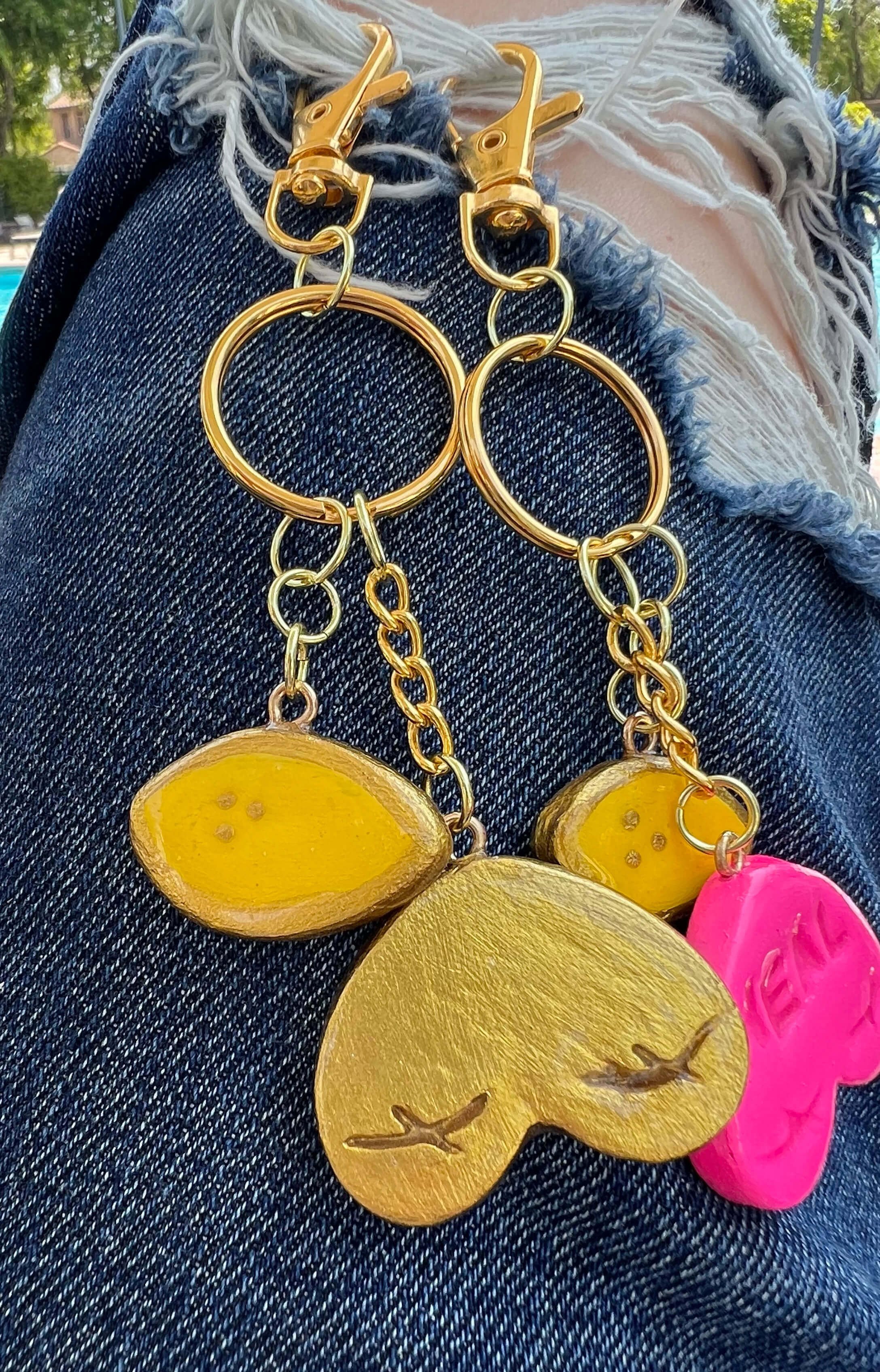 Pink and Gold Boob Heart charm with lemon charm keychain Double scars