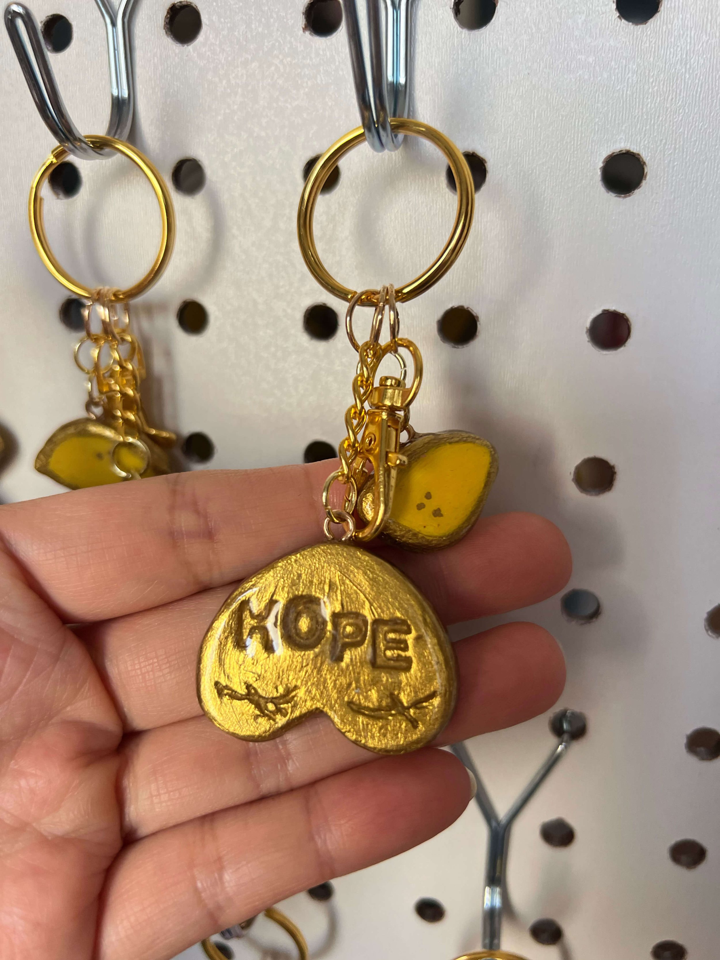 Gold Boob Heart charm with lemon charm keychain Double scars with message hope
