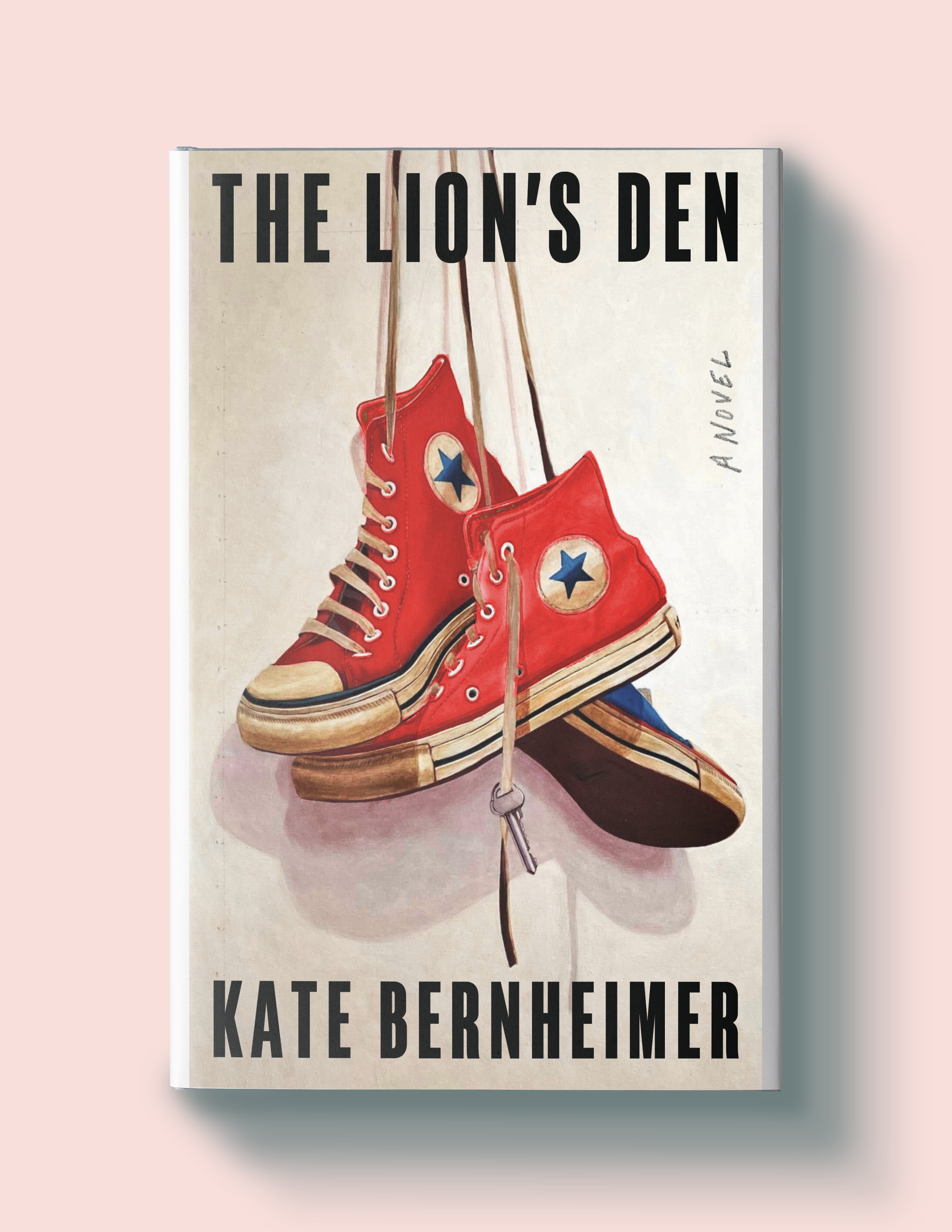 Book cover titled "The Lion's Den" by Kate Bernheimer featuring an illustration of red sneakers hanging from laces with a car key strung into a lace