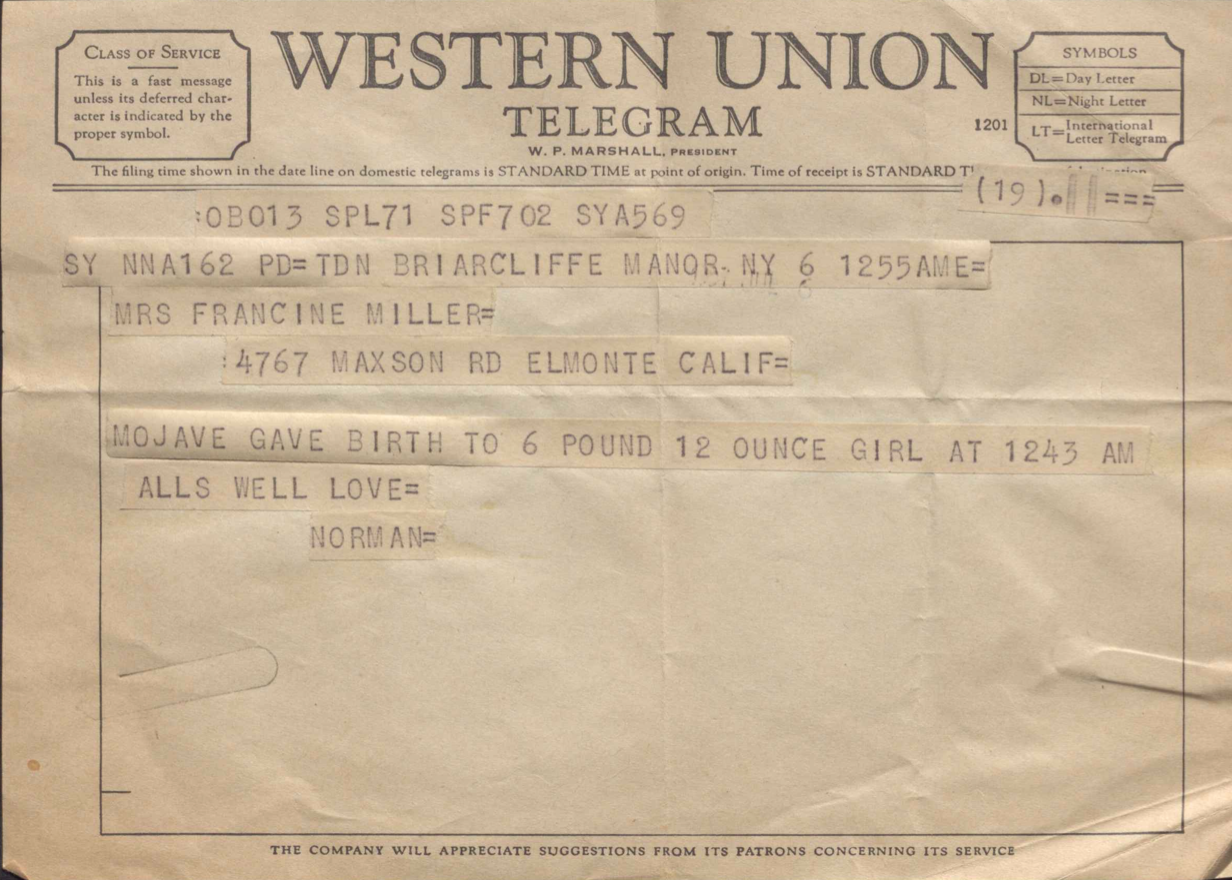 Telegram from Norman and Mojave to Francine and Arthur on birth of daughter