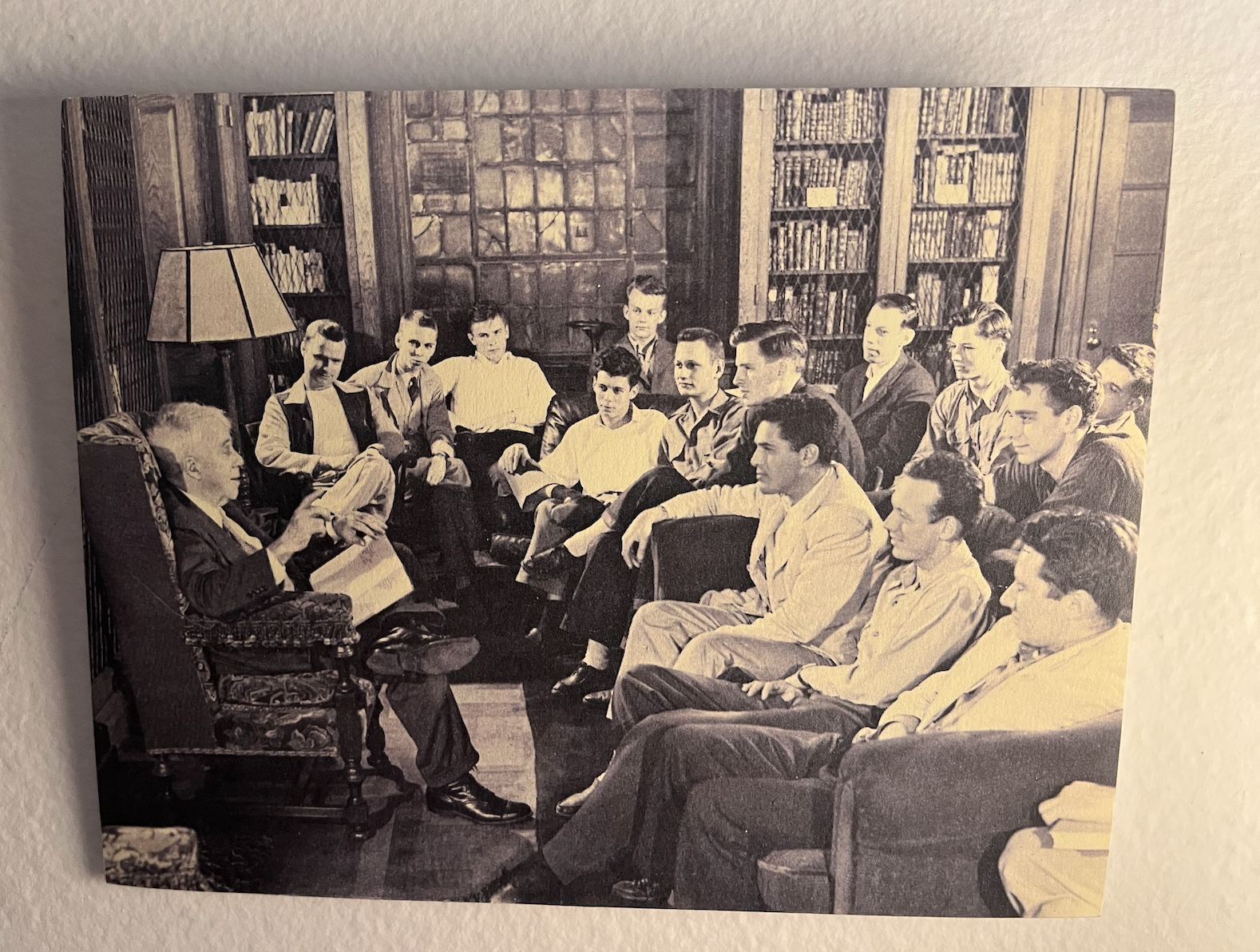 Robert Frost teaches a poetry class at Dartmouth College. Norman Weissman (Grandfather) seated directly across from him (c. 1947)